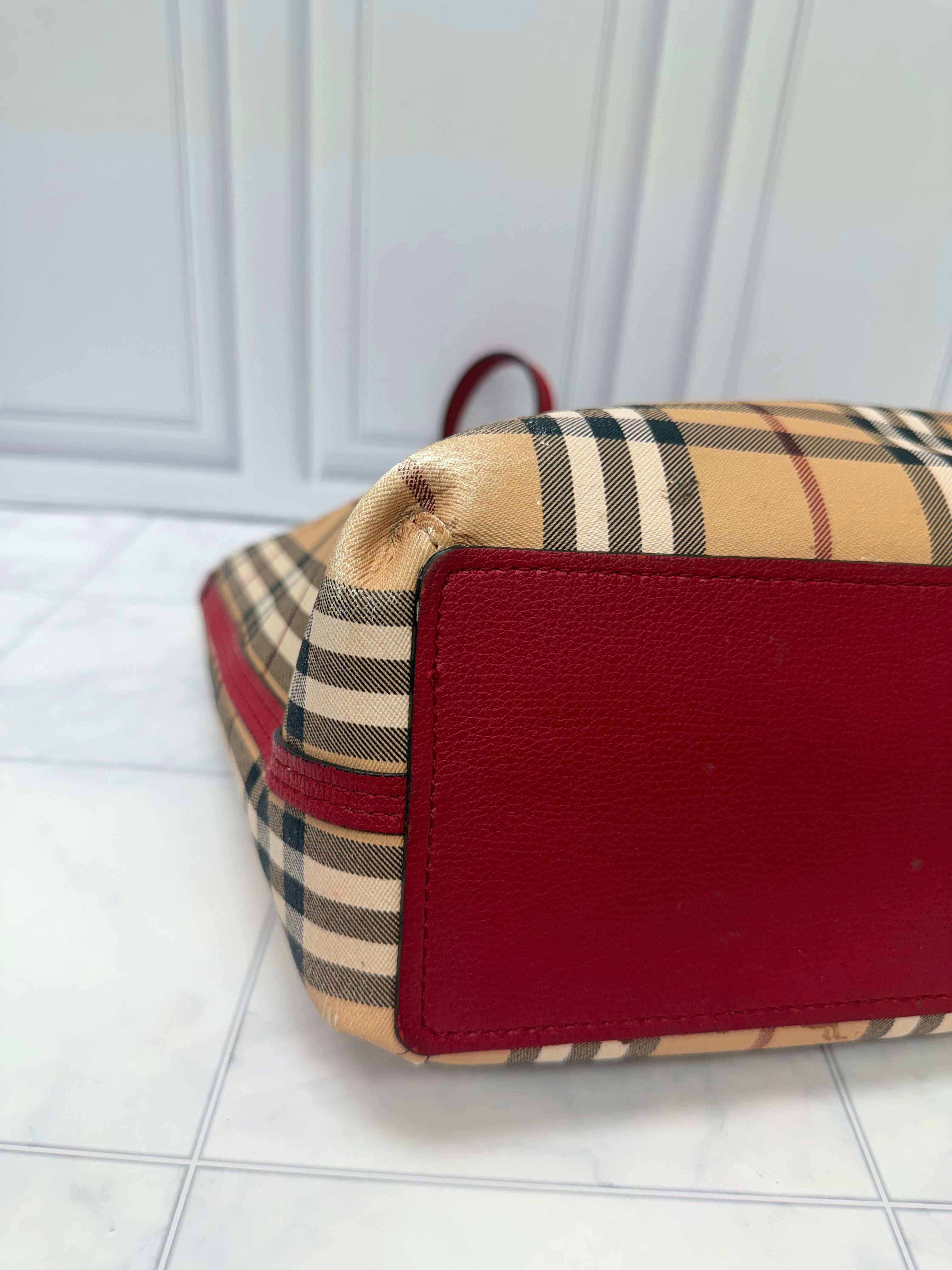Burberry Beige And Red Coated Canvas And Leather Reversible Tote Bag