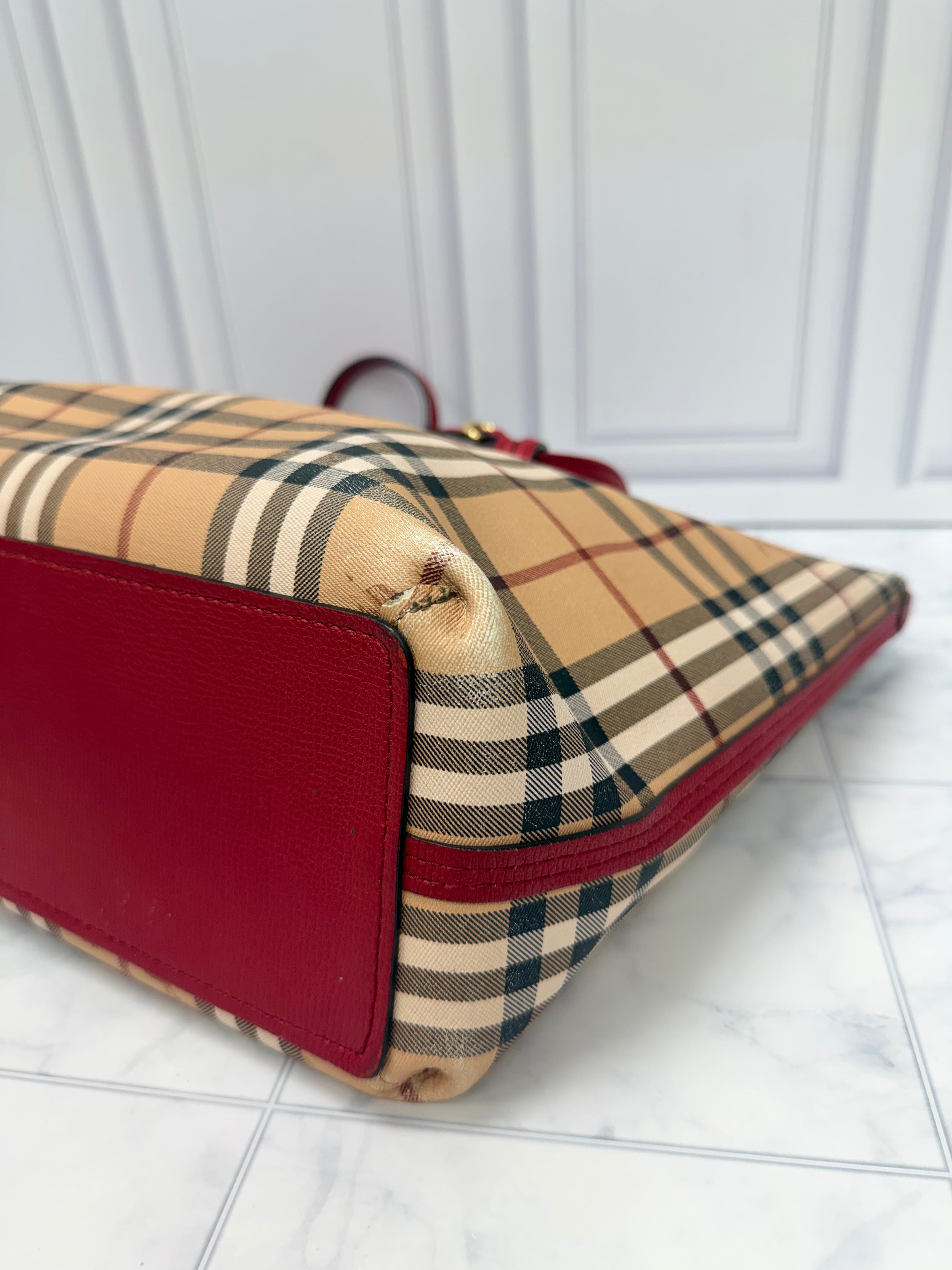 Burberry Beige And Red Coated Canvas And Leather Reversible Tote Bag