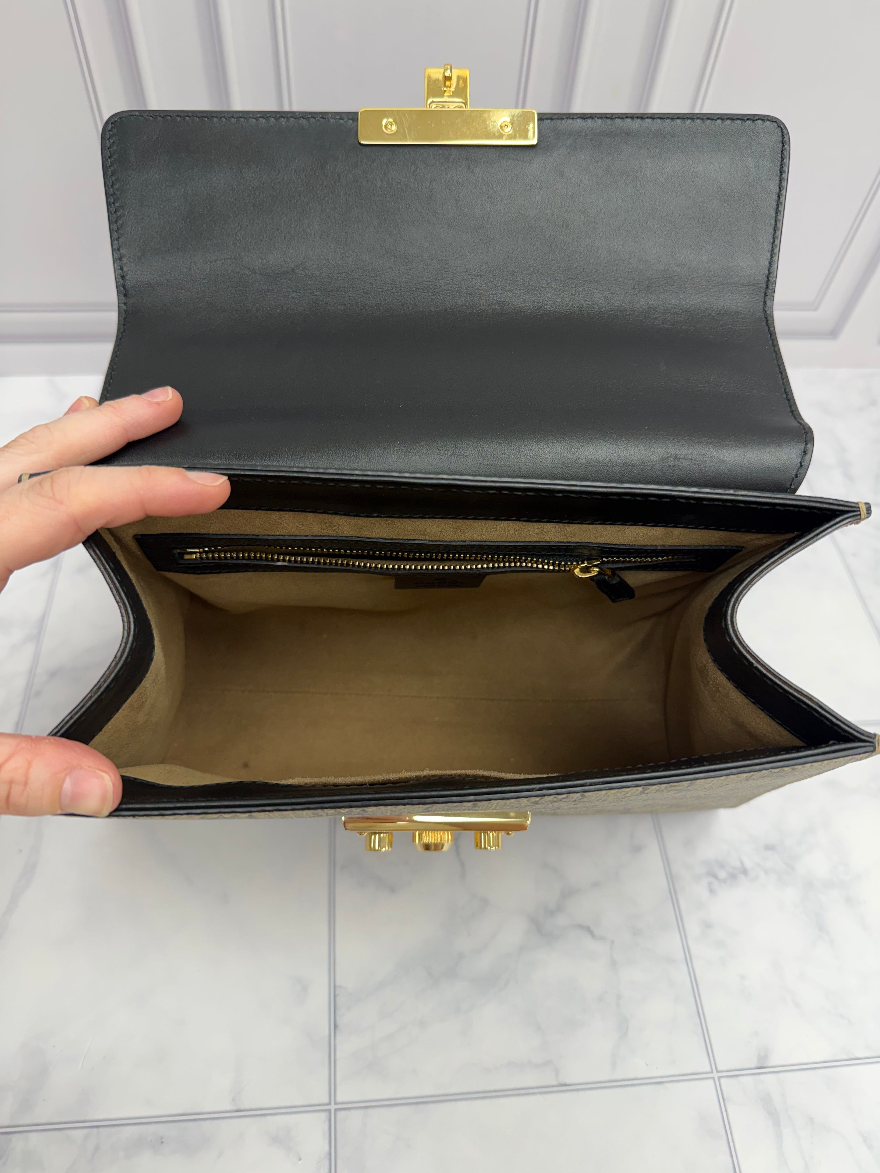 *DONS DROP* Gucci Black Leather & GG Supreme Canvas Small Padlock Two Way Bag