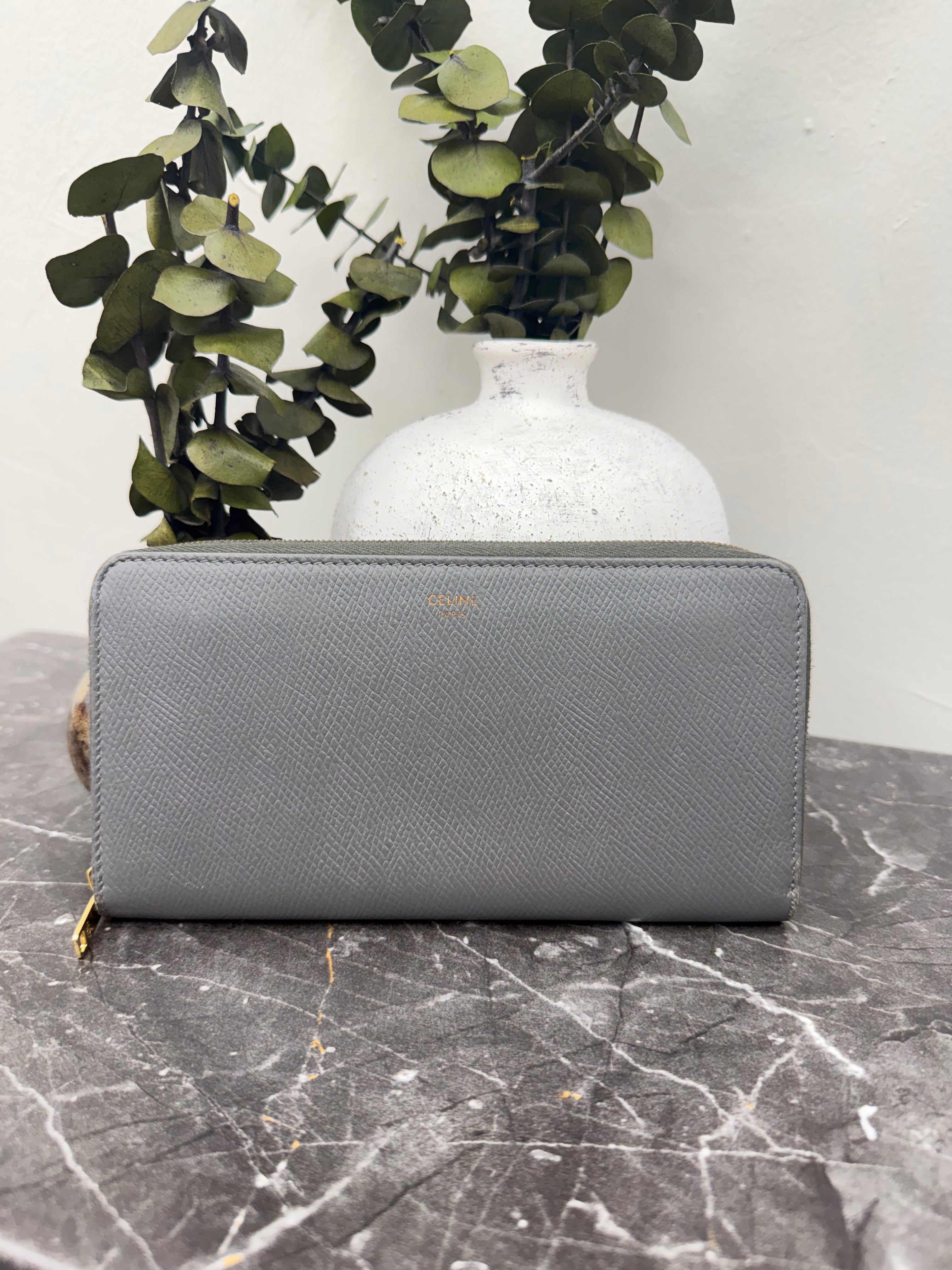 Celine Grey Grained Leather Zippy Wallet