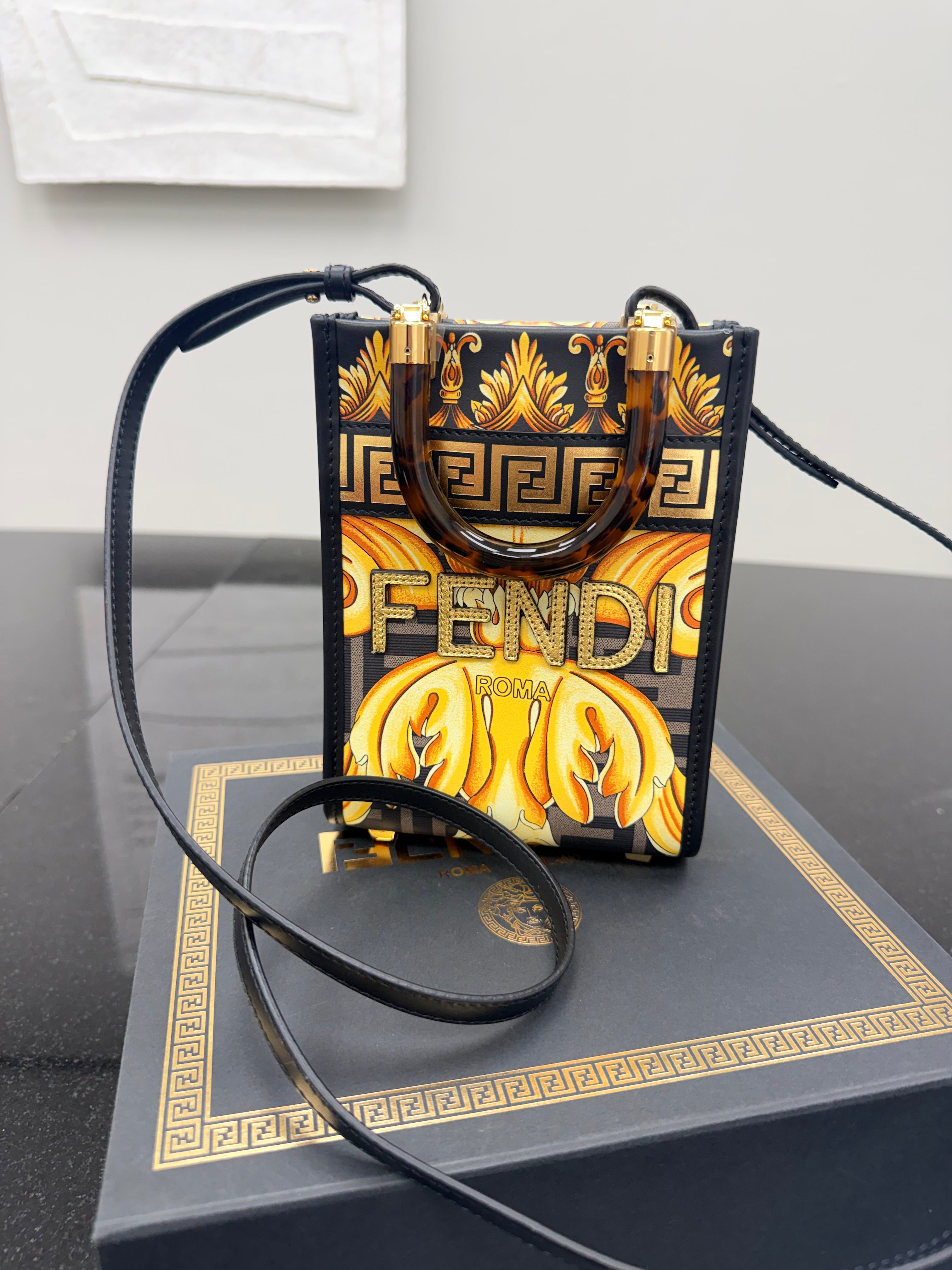 Fendi X Versace Yellow And Black Sunshine Mini Shopper Crossbody Bag