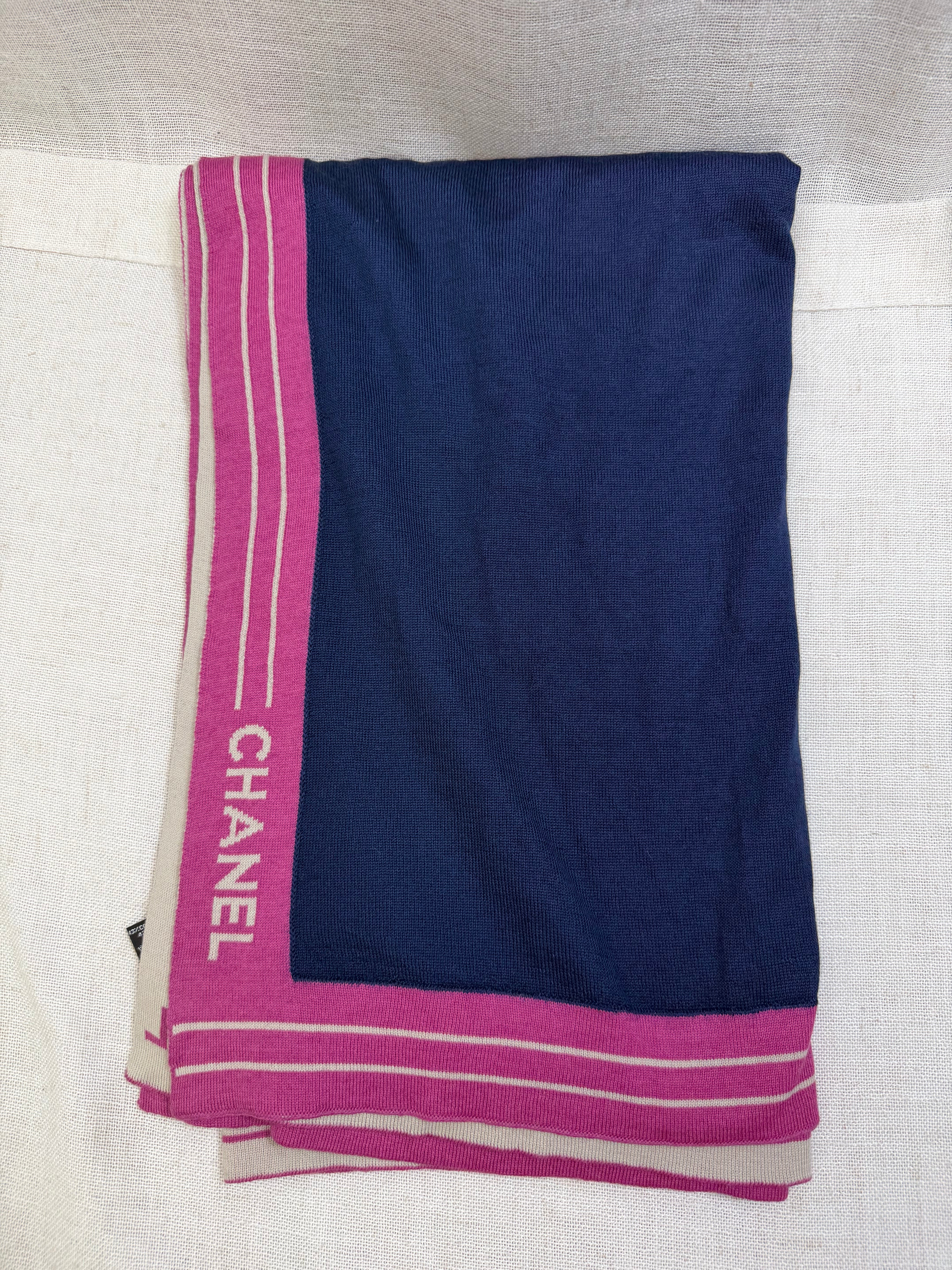 Chanel Navy And Pink Cashmere Blend Logo Print Scarf