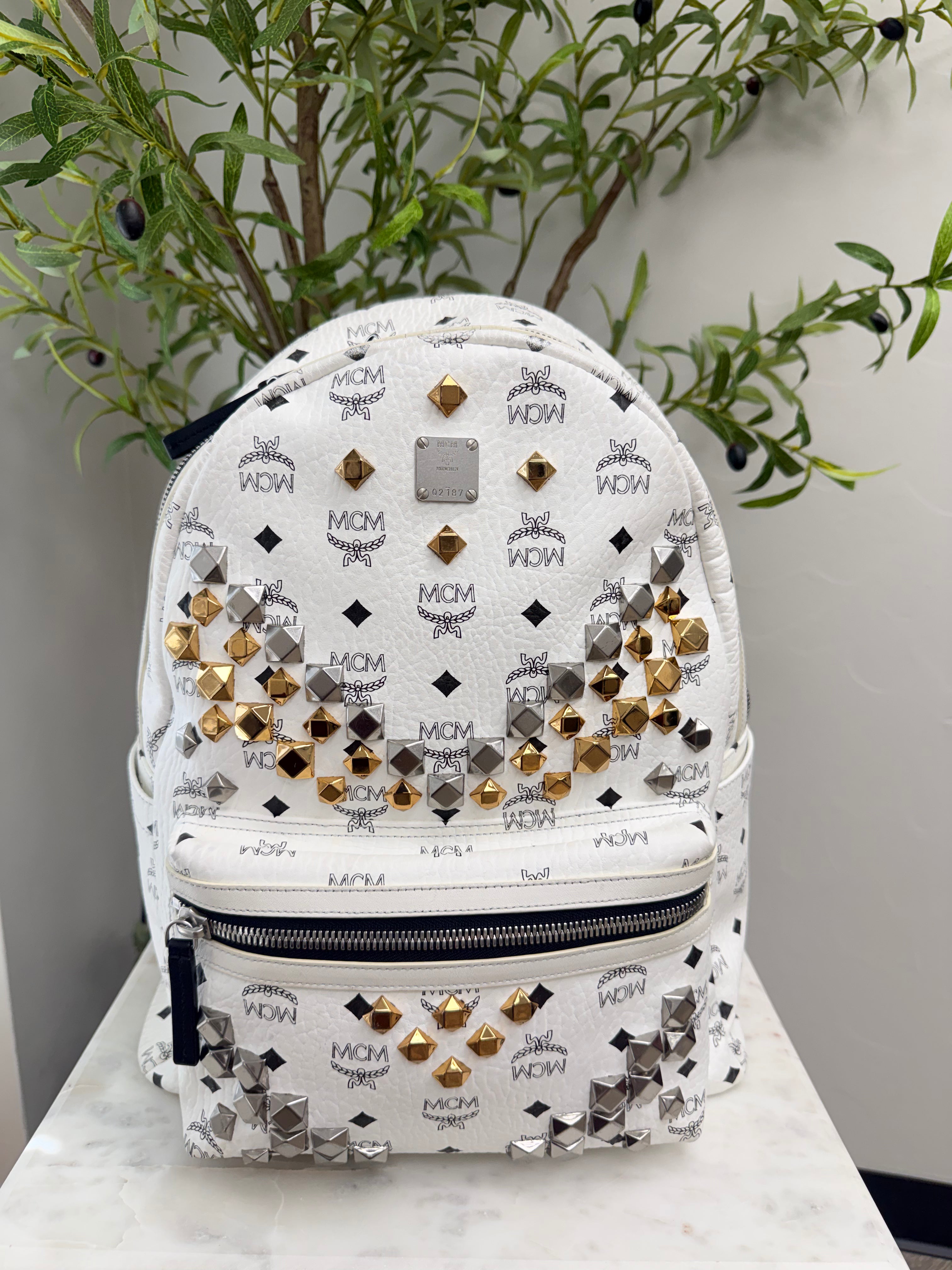 MCM White Viseto Leather Large Studded Backpack
