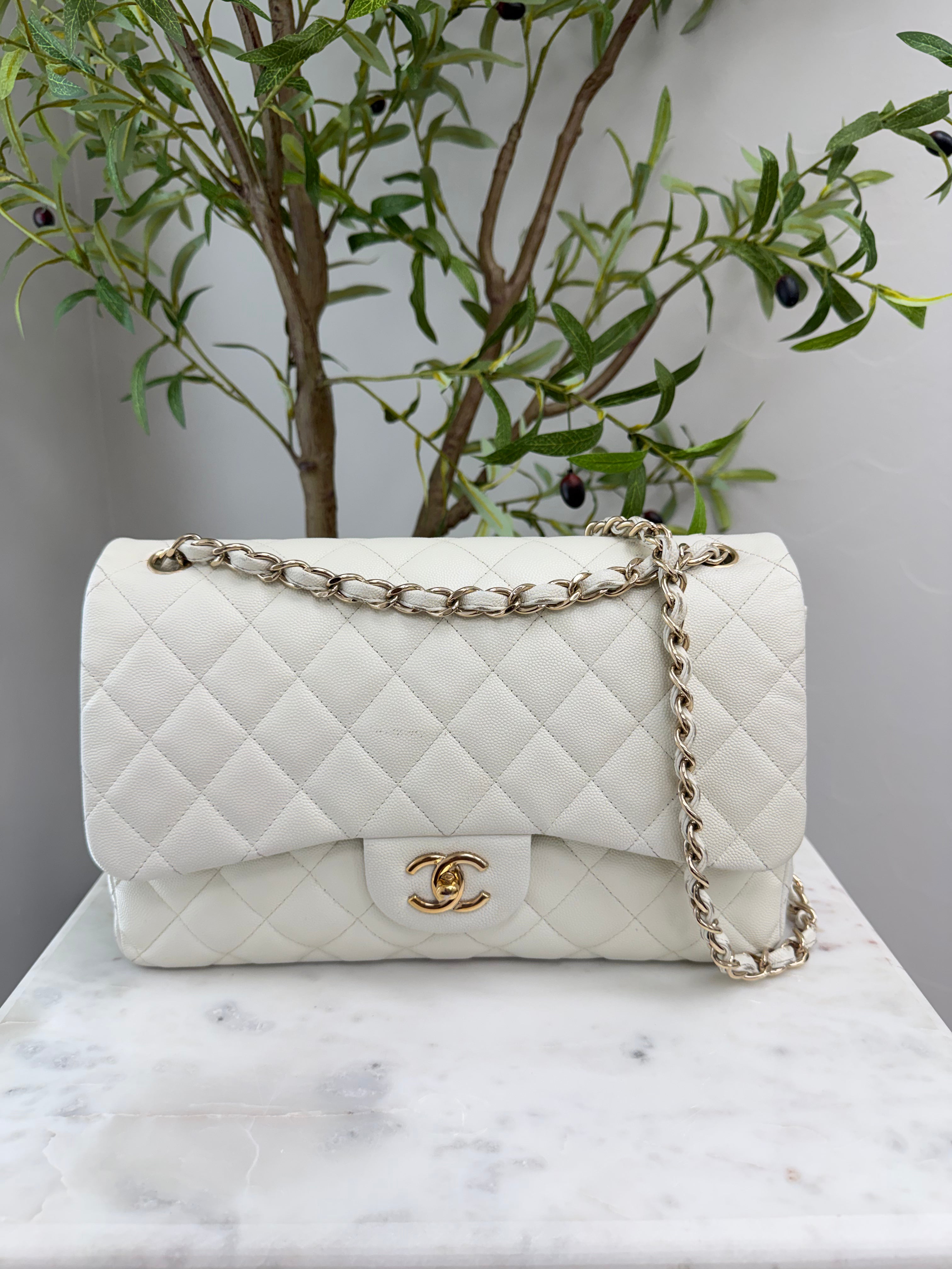 Chanel White Caviar Leather Jumbo Classic Flap Bag