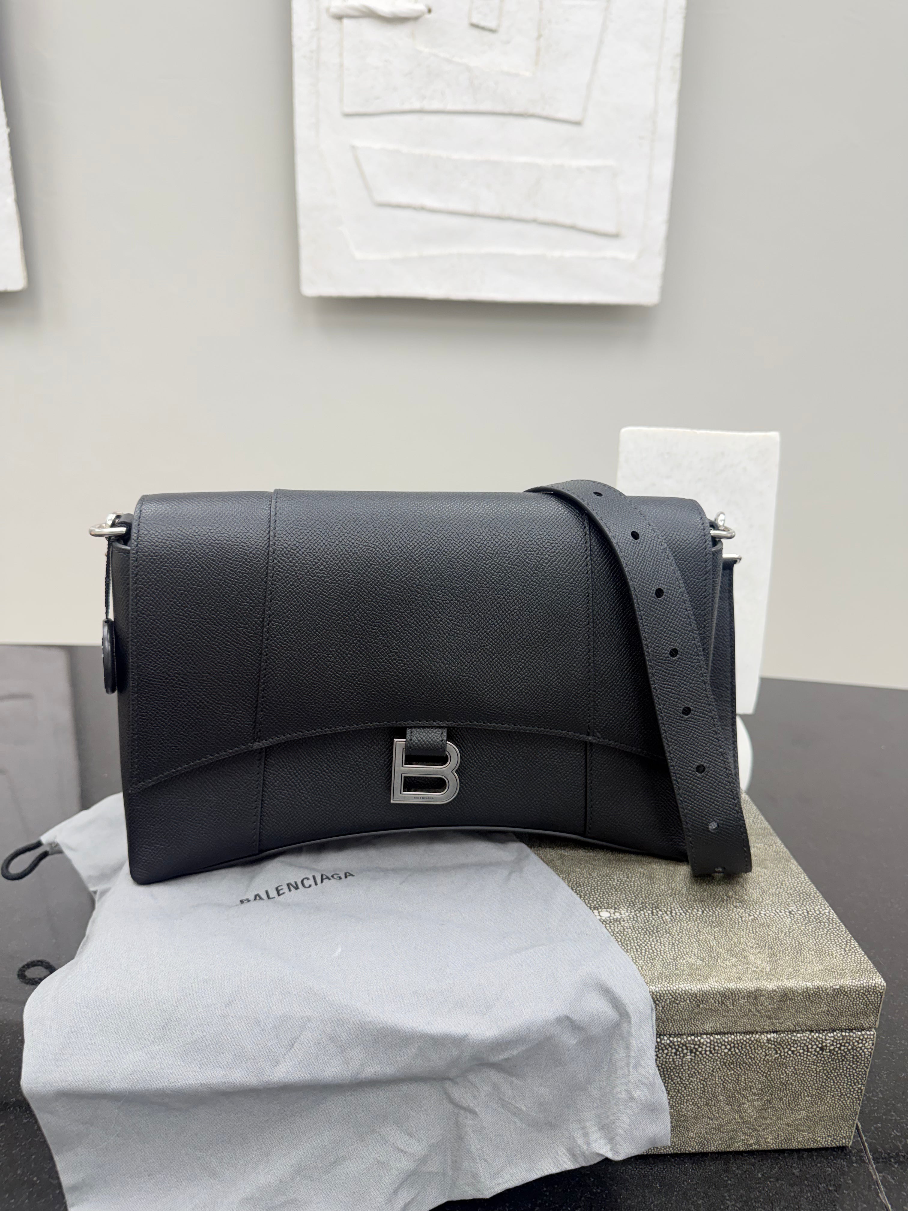 Balenciaga Black Grained Leather Downtown Shoulder Bag