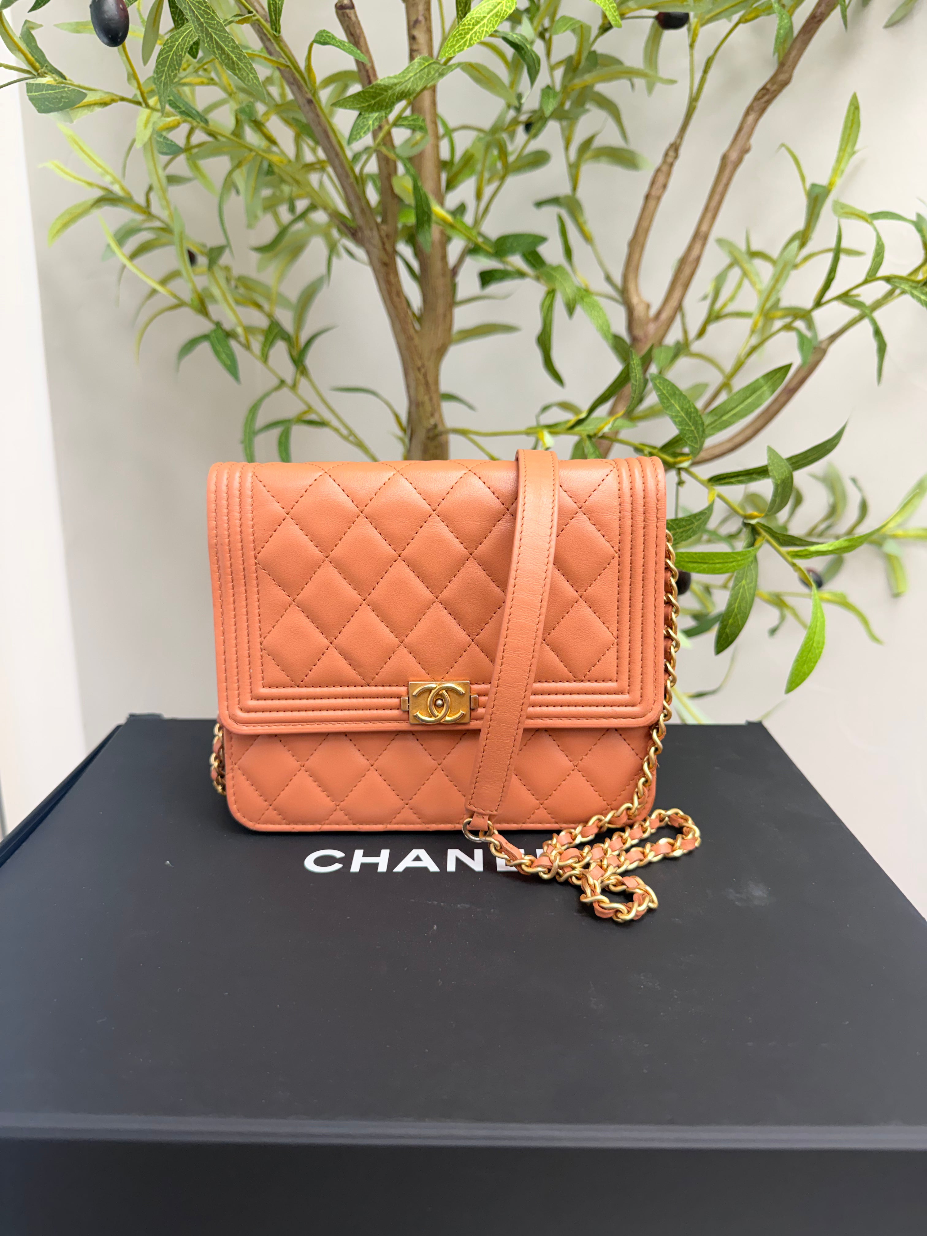 Chanel Tan Quilted Calfskin Leather Square Boy Wallet On A Chain