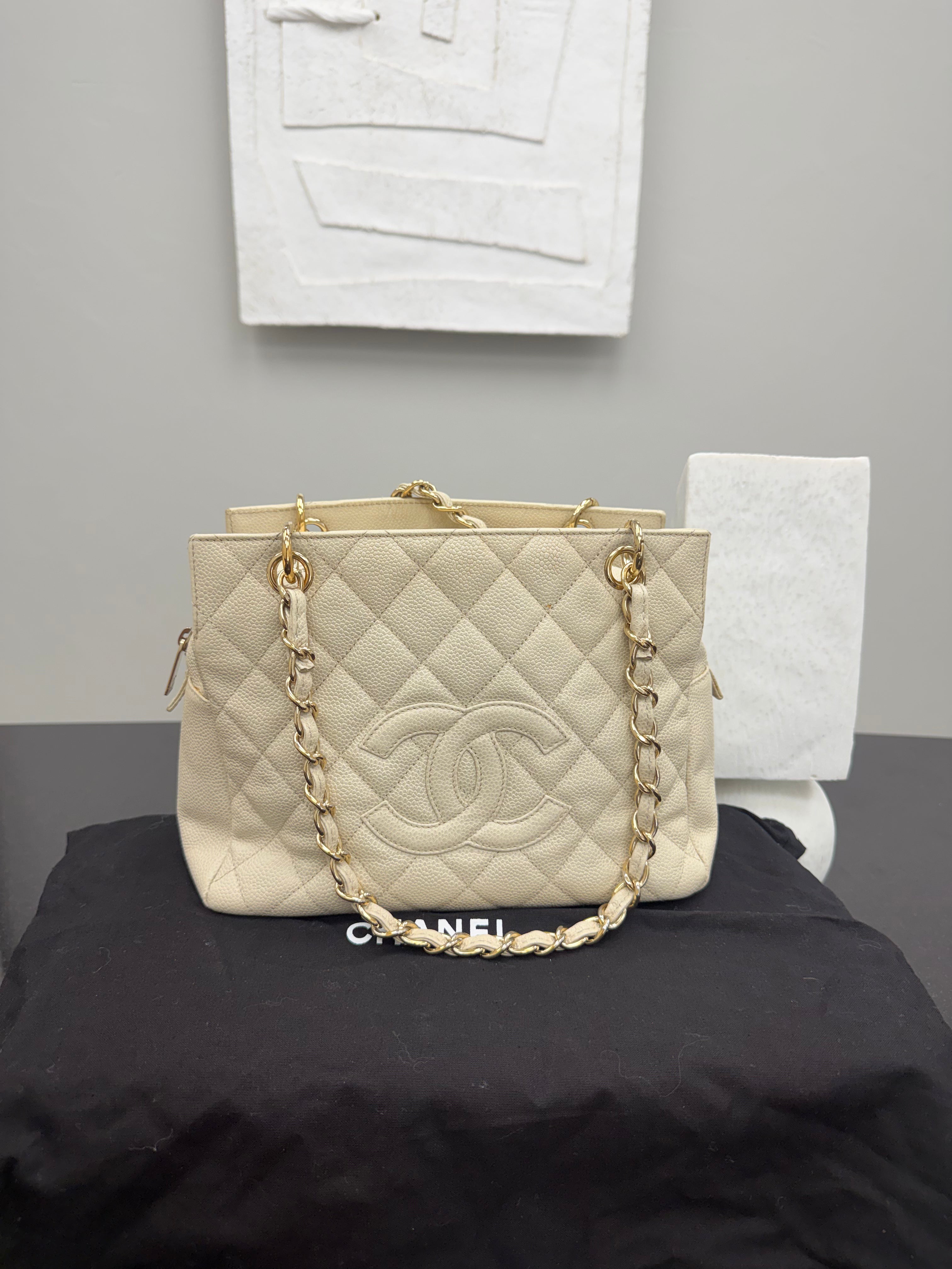 Chanel Cream Caviar Leather Petite Shopping Tote
