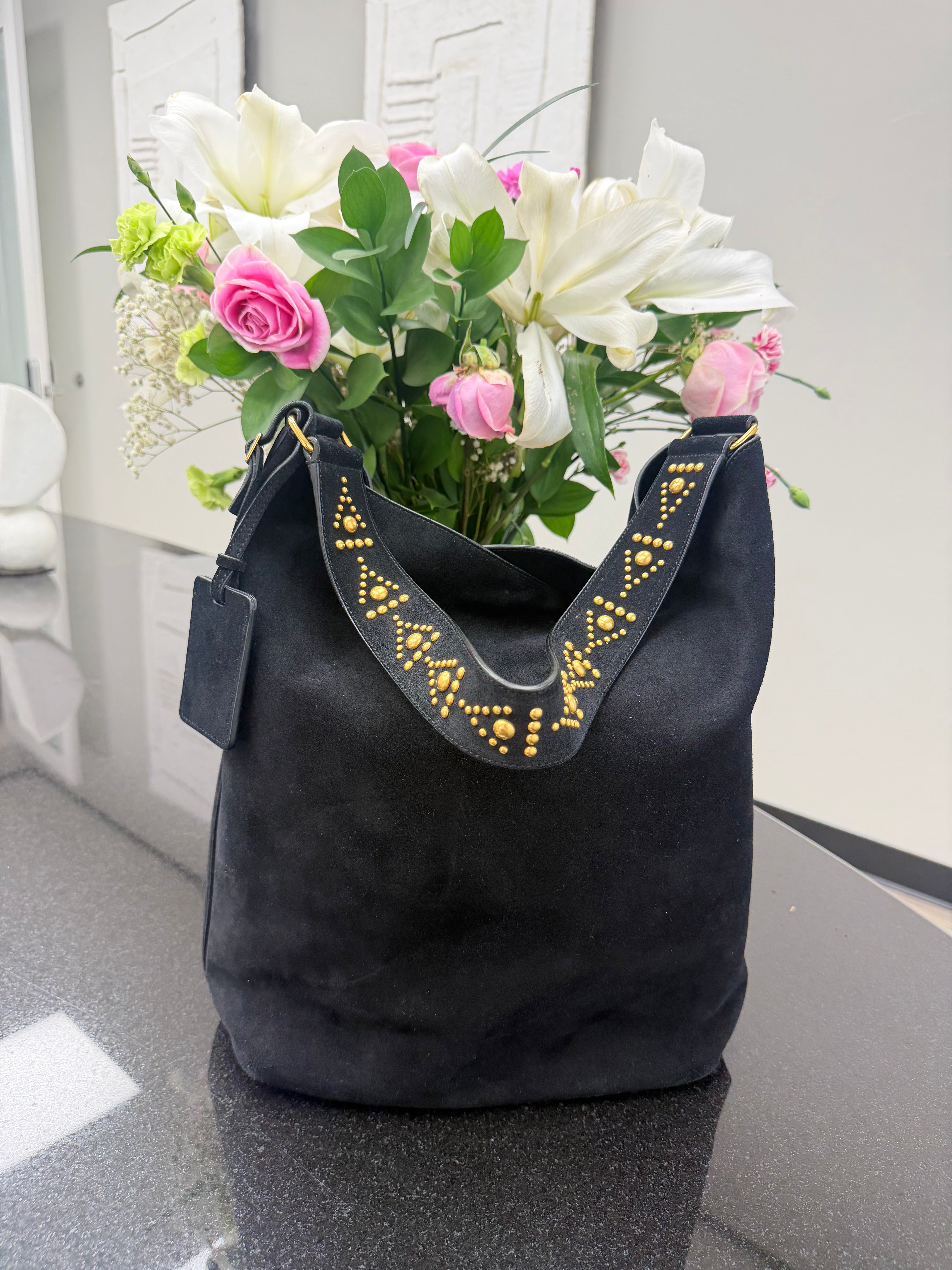 Saint Laurent YSL Black Suede Leather Studded Bucket Bag