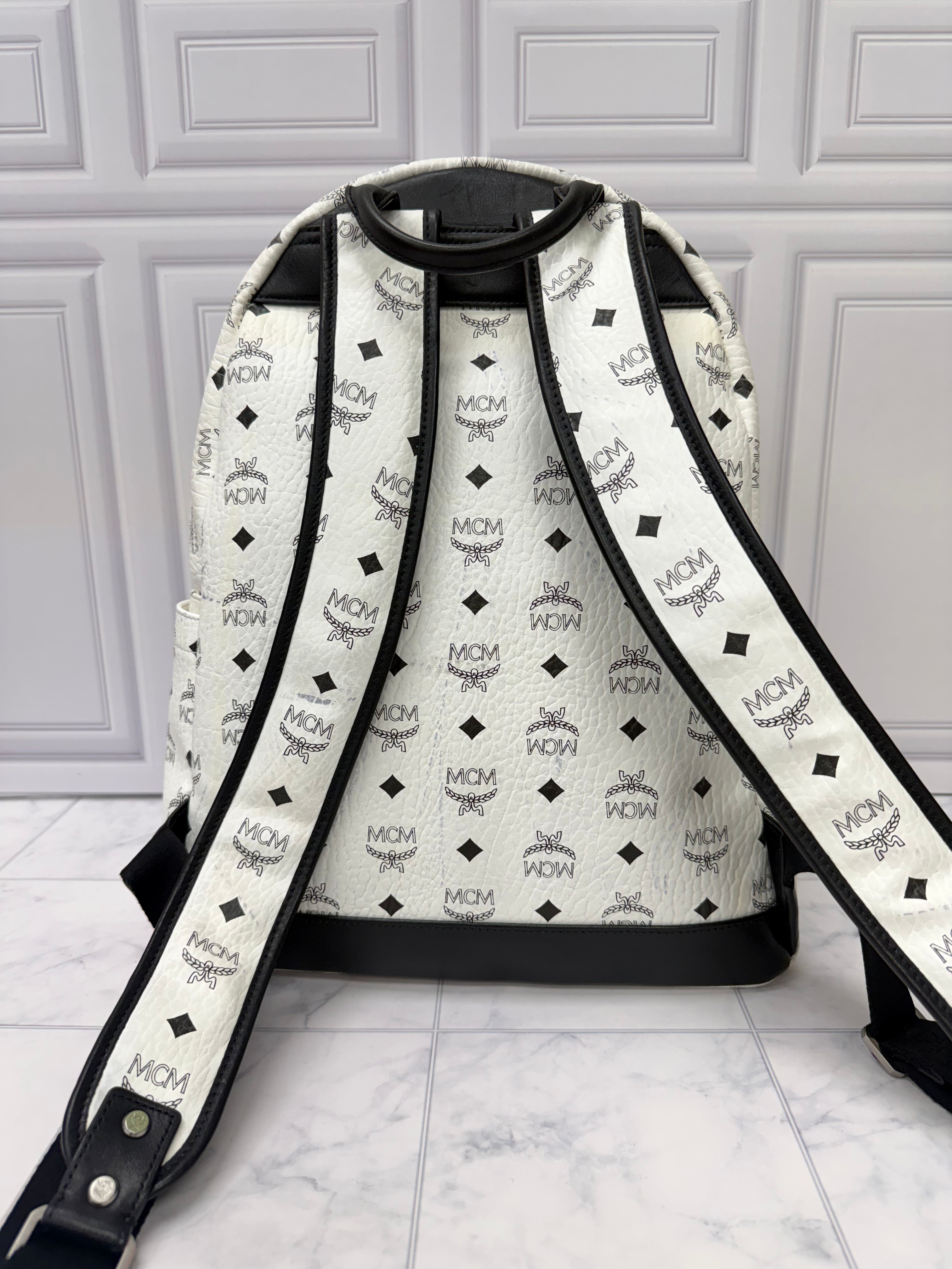 MCM White Viseto Leather Large Studded Backpack