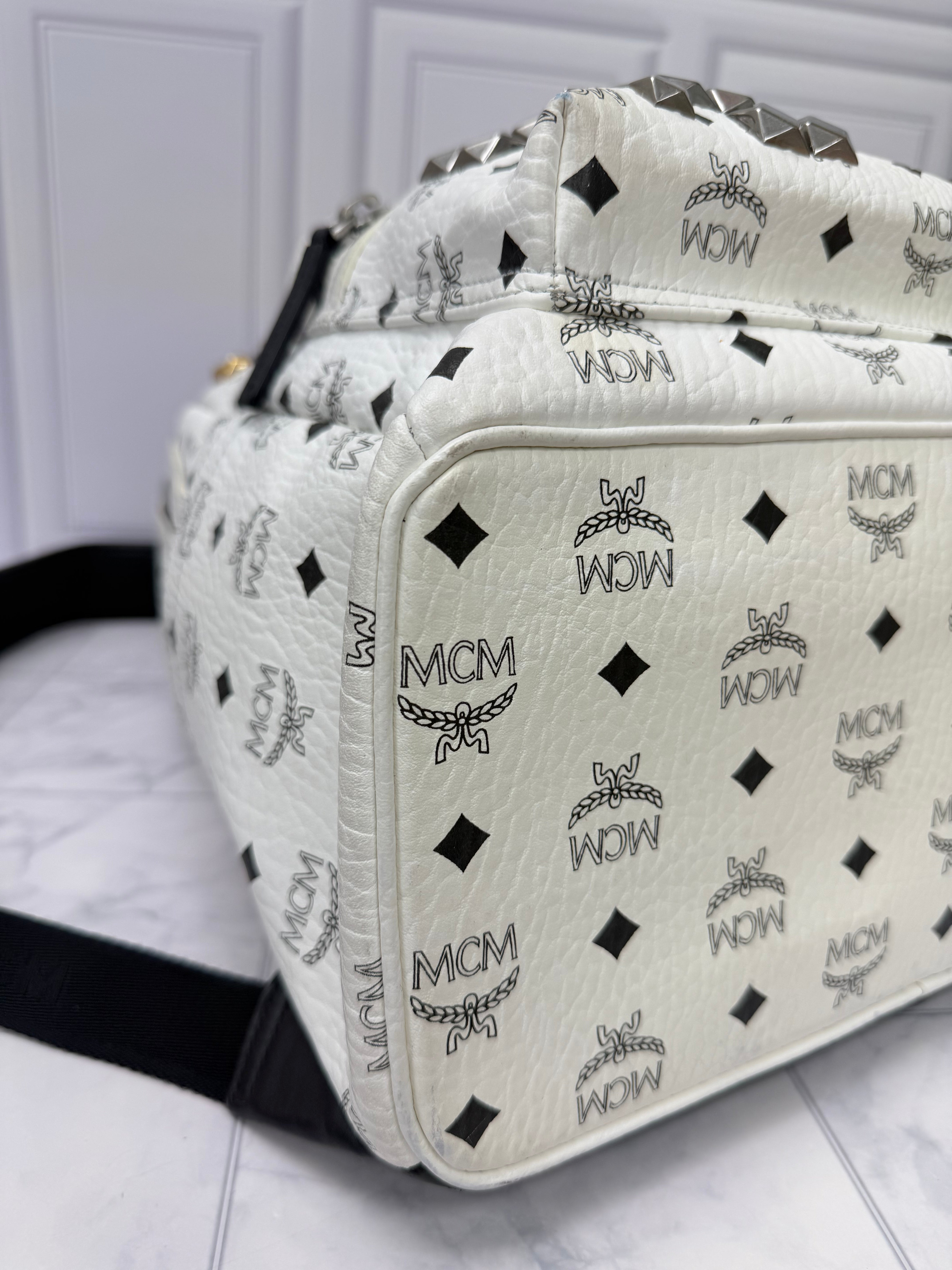 MCM White Viseto Leather Large Studded Backpack