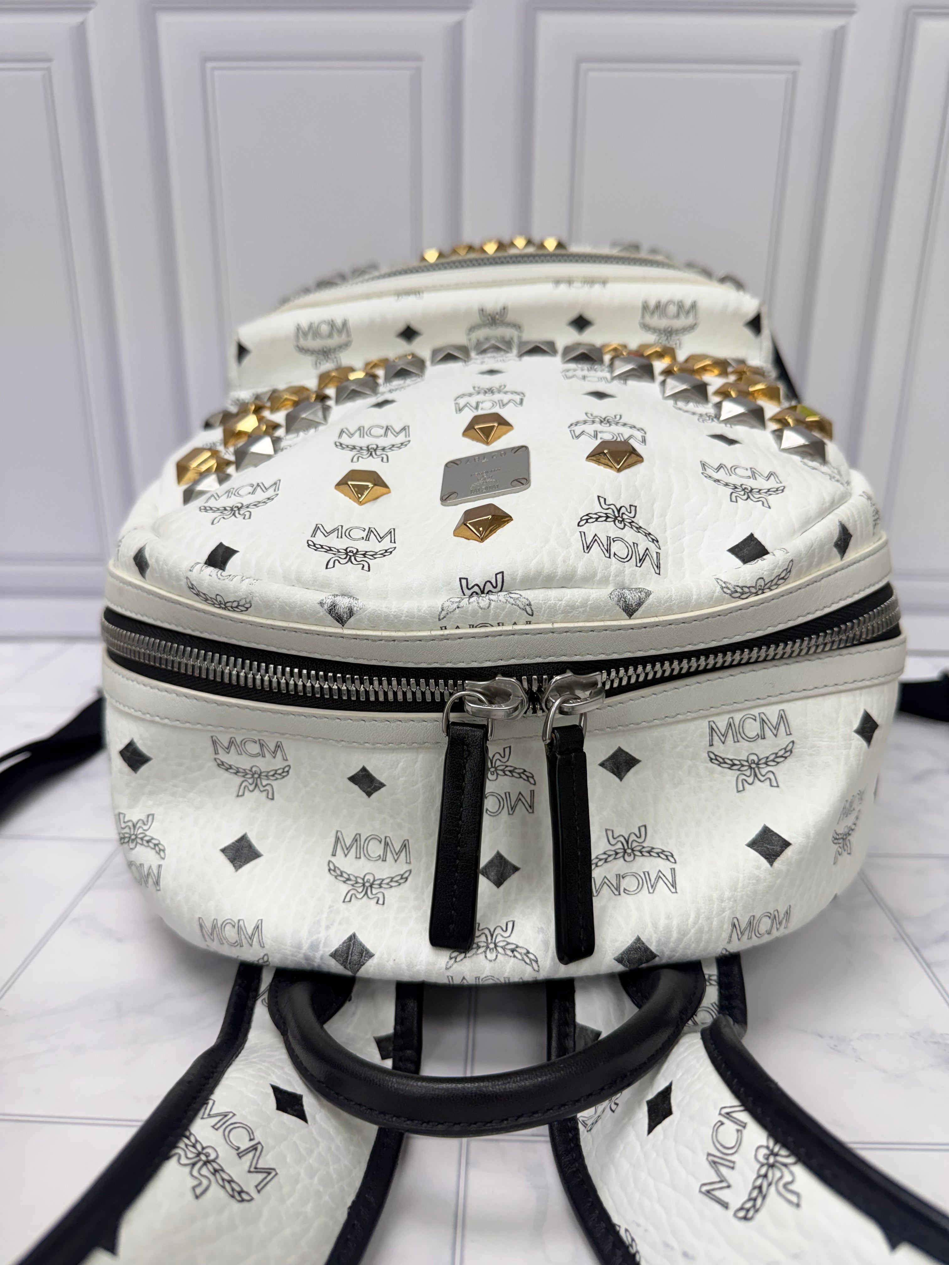 MCM White Viseto Leather Large Studded Backpack