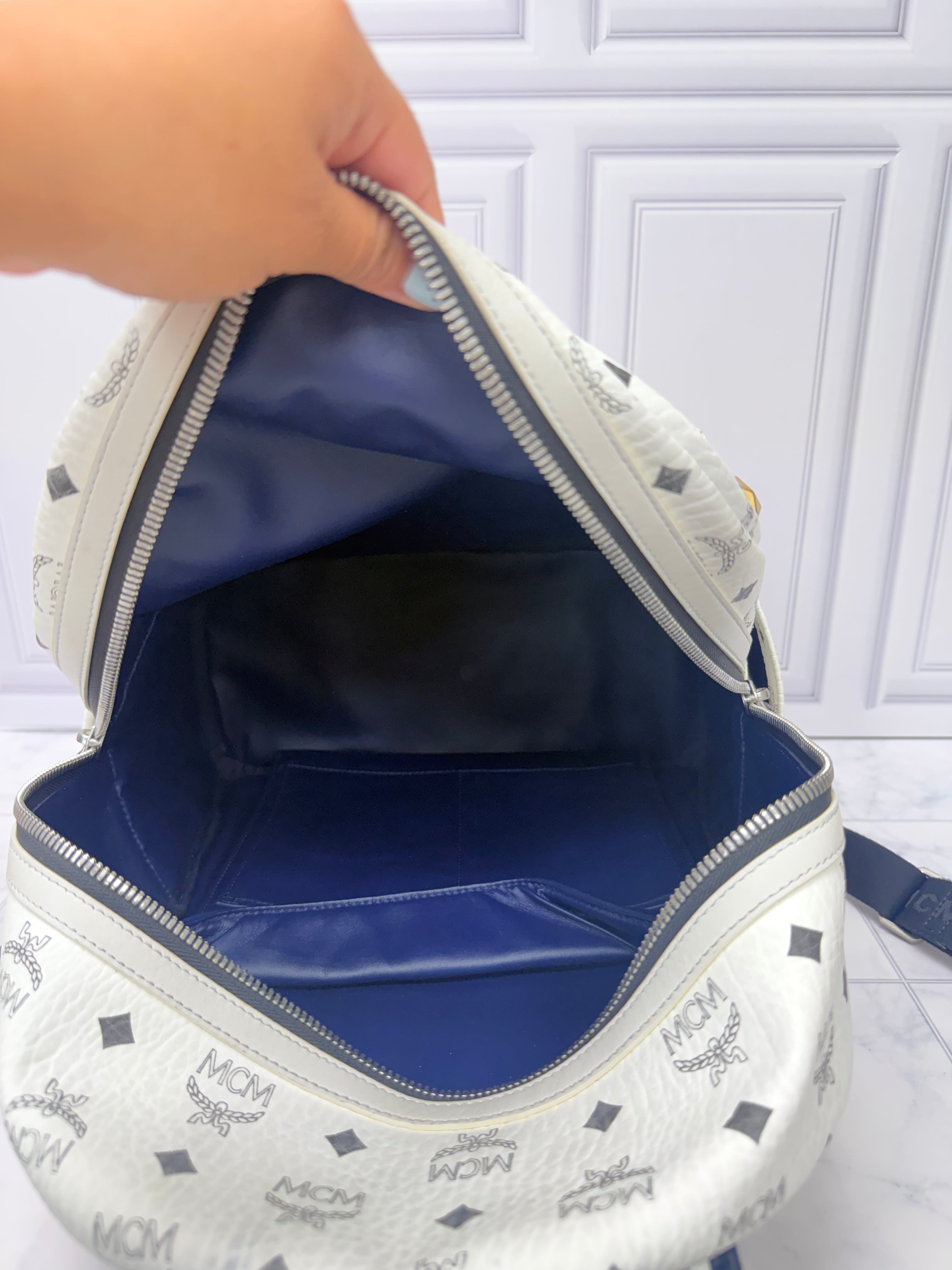 MCM White Viseto Leather Large Studded Backpack