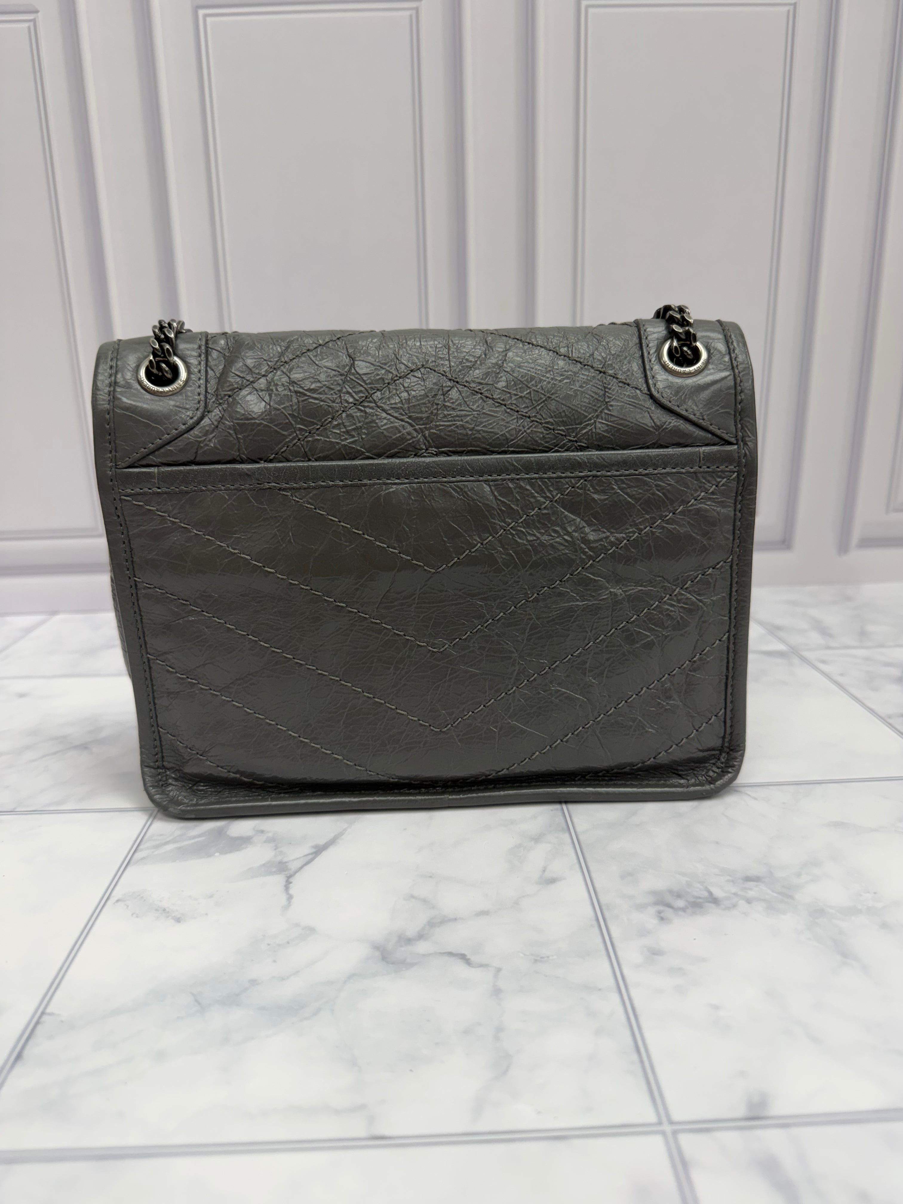 *DONS DROP* Saint Laurent YSL Grey Crinkled Leather Niki Handbag