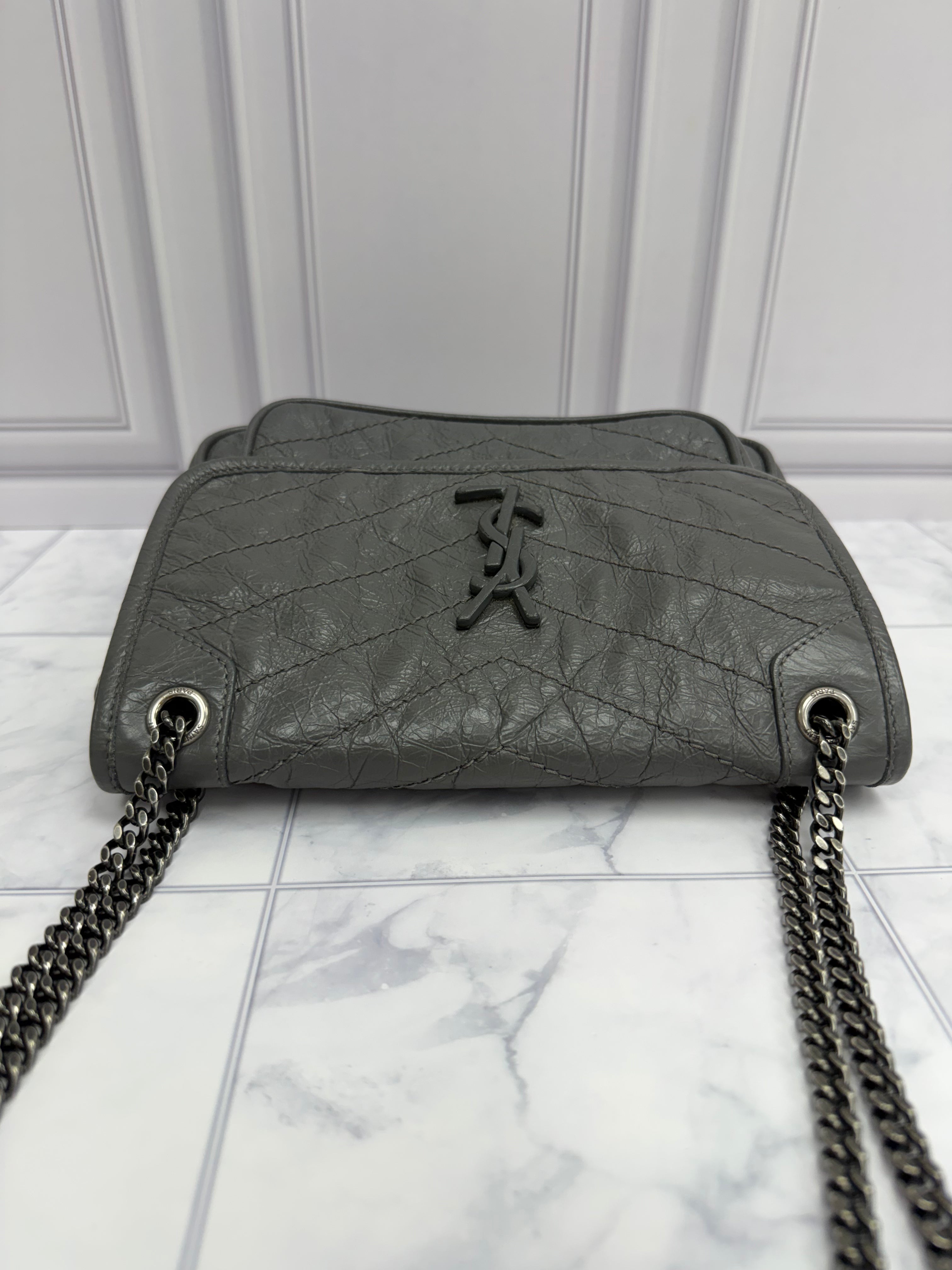 *DONS DROP* Saint Laurent YSL Grey Crinkled Leather Niki Handbag