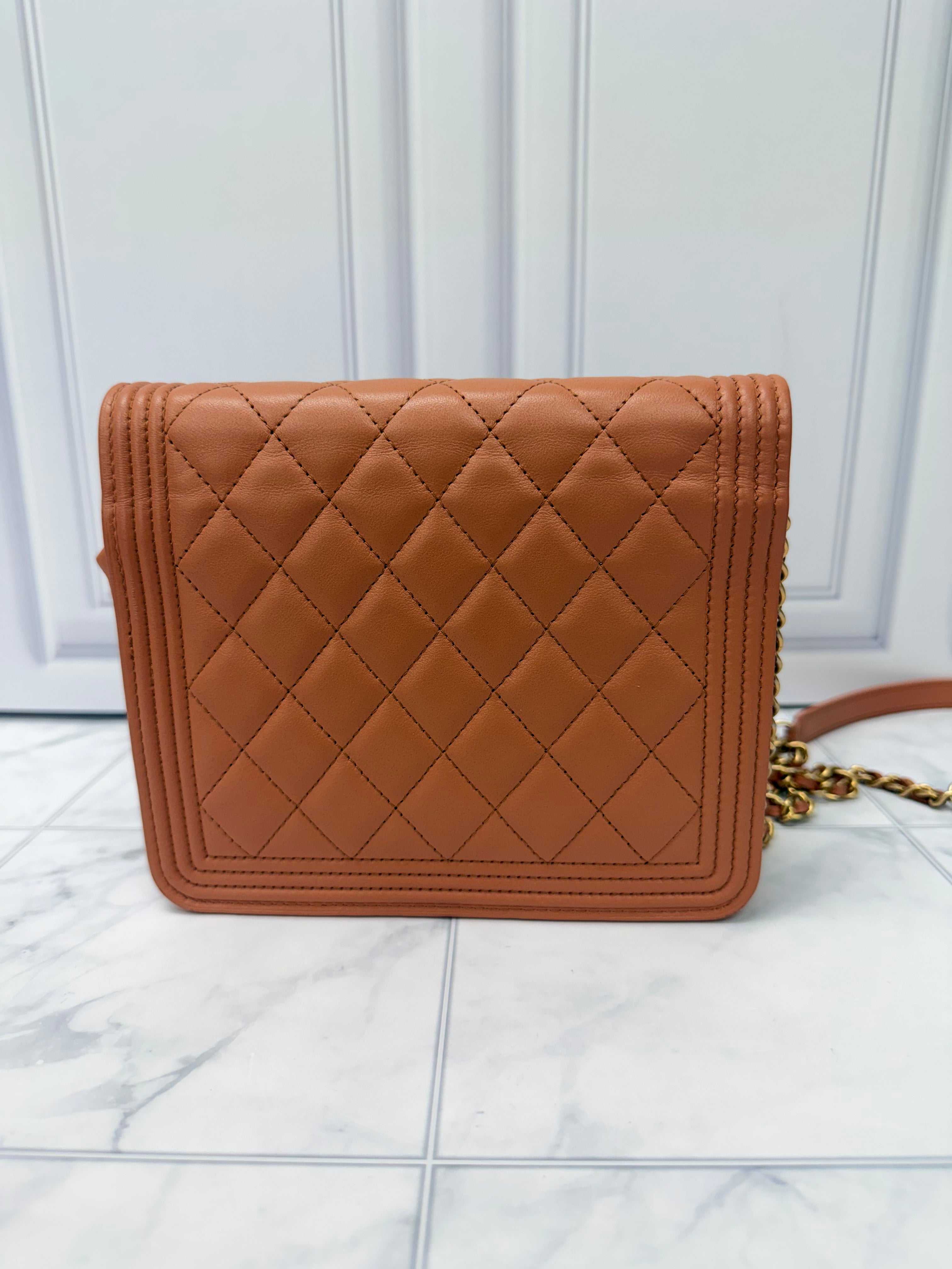 Chanel Tan Quilted Calfskin Leather Square Boy Wallet On A Chain