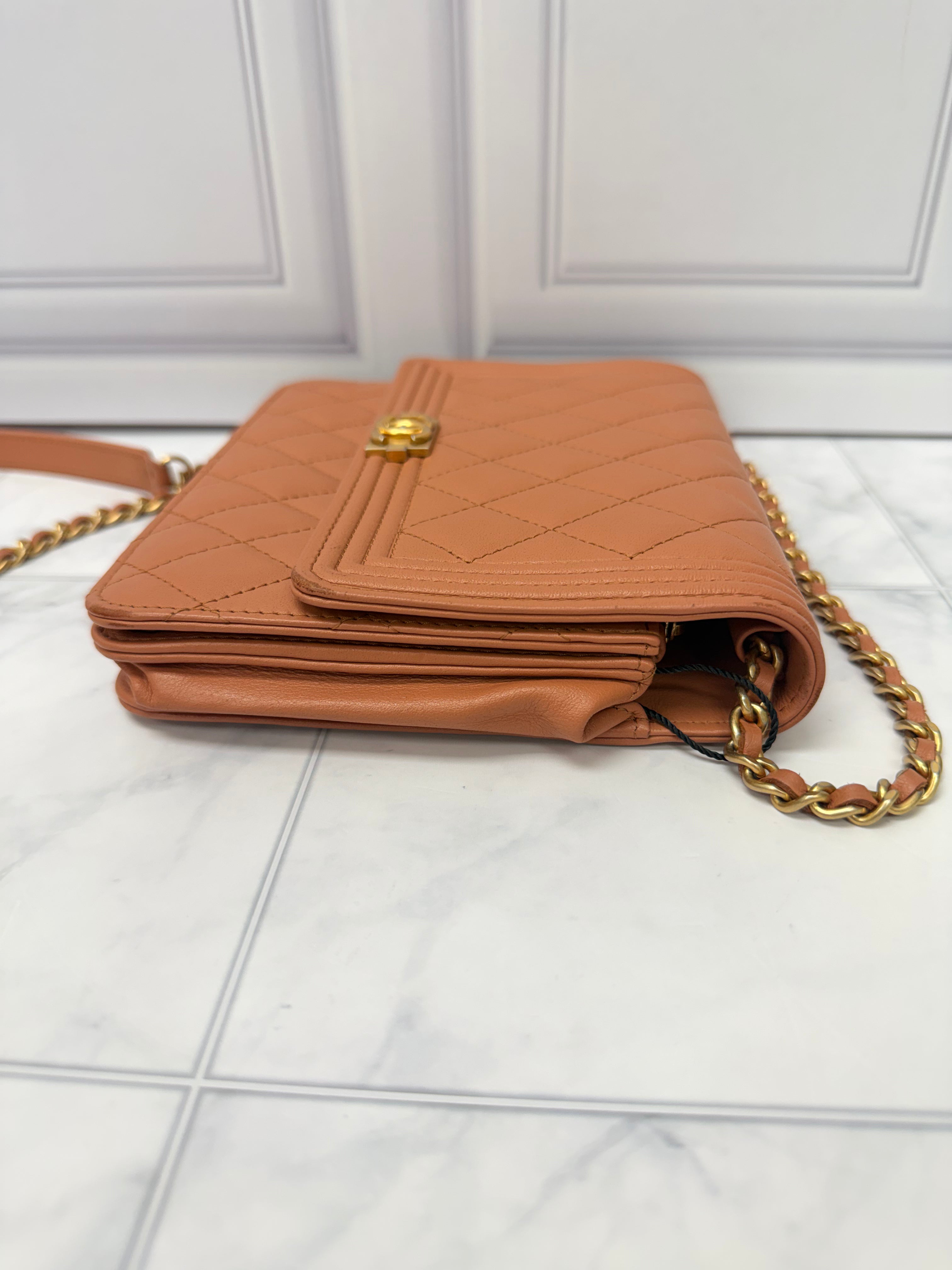Chanel Tan Quilted Calfskin Leather Square Boy Wallet On A Chain