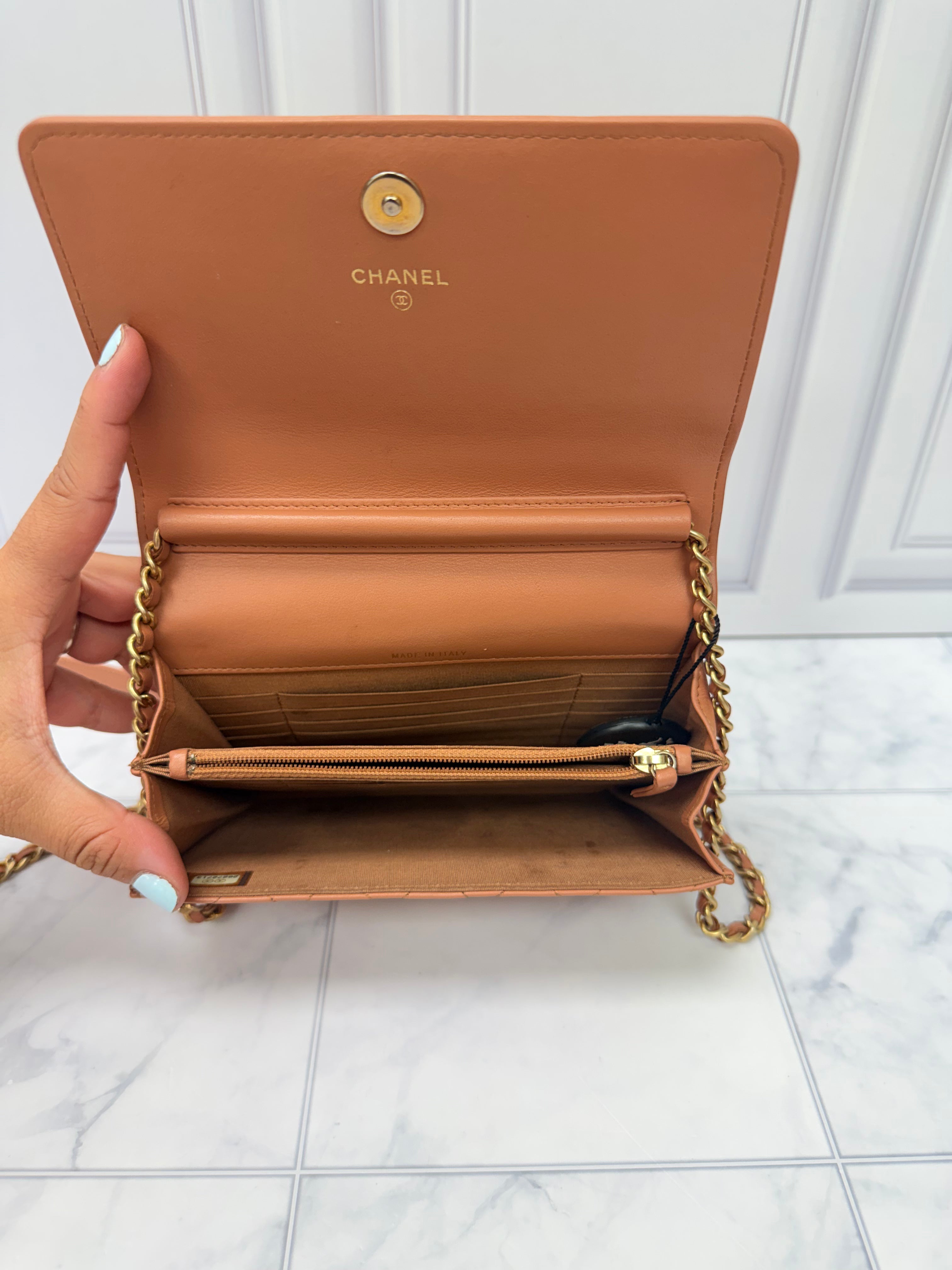 Chanel Tan Quilted Calfskin Leather Square Boy Wallet On A Chain