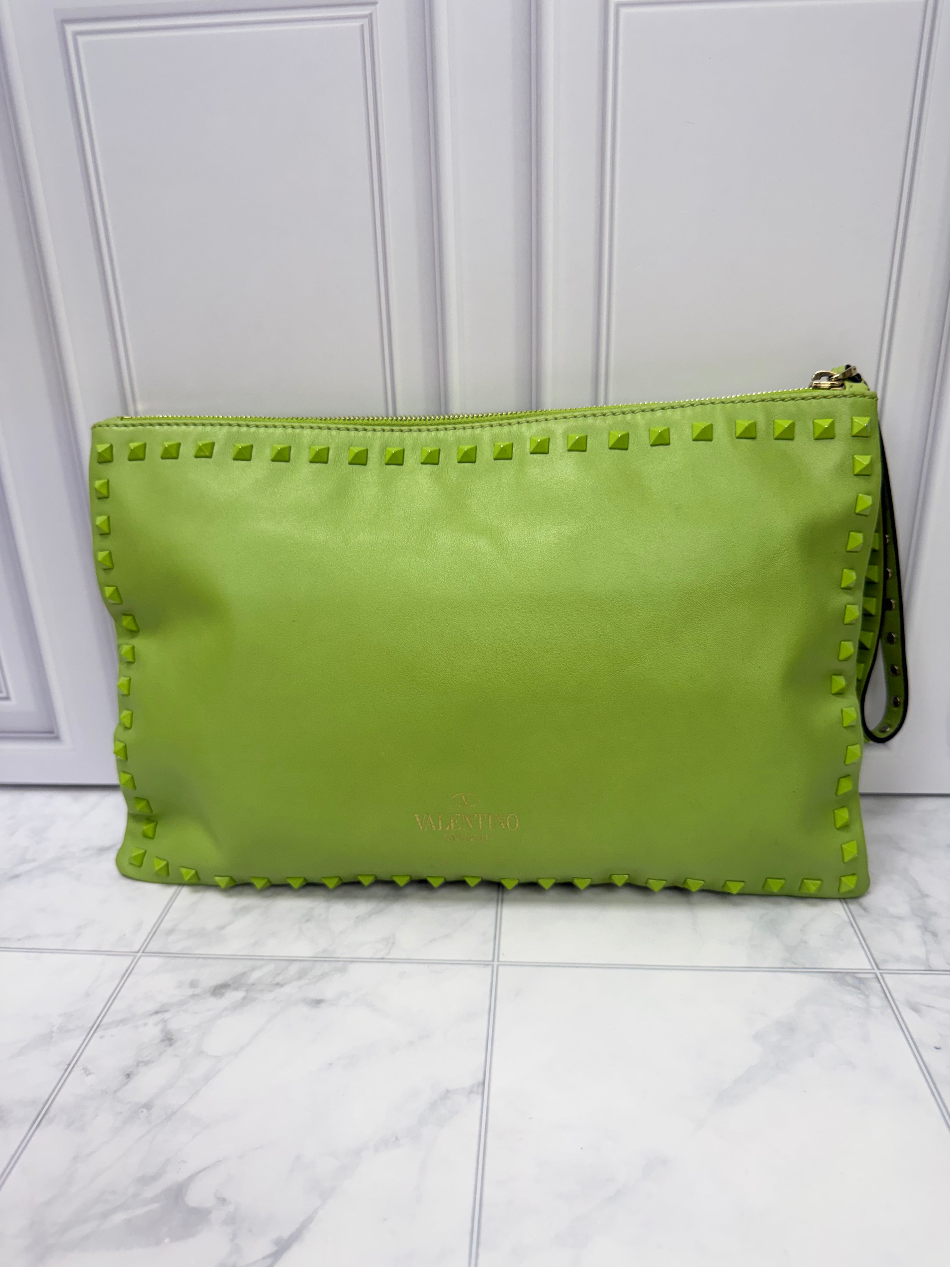 Valentino Green Leather Large Rockstud Clutch