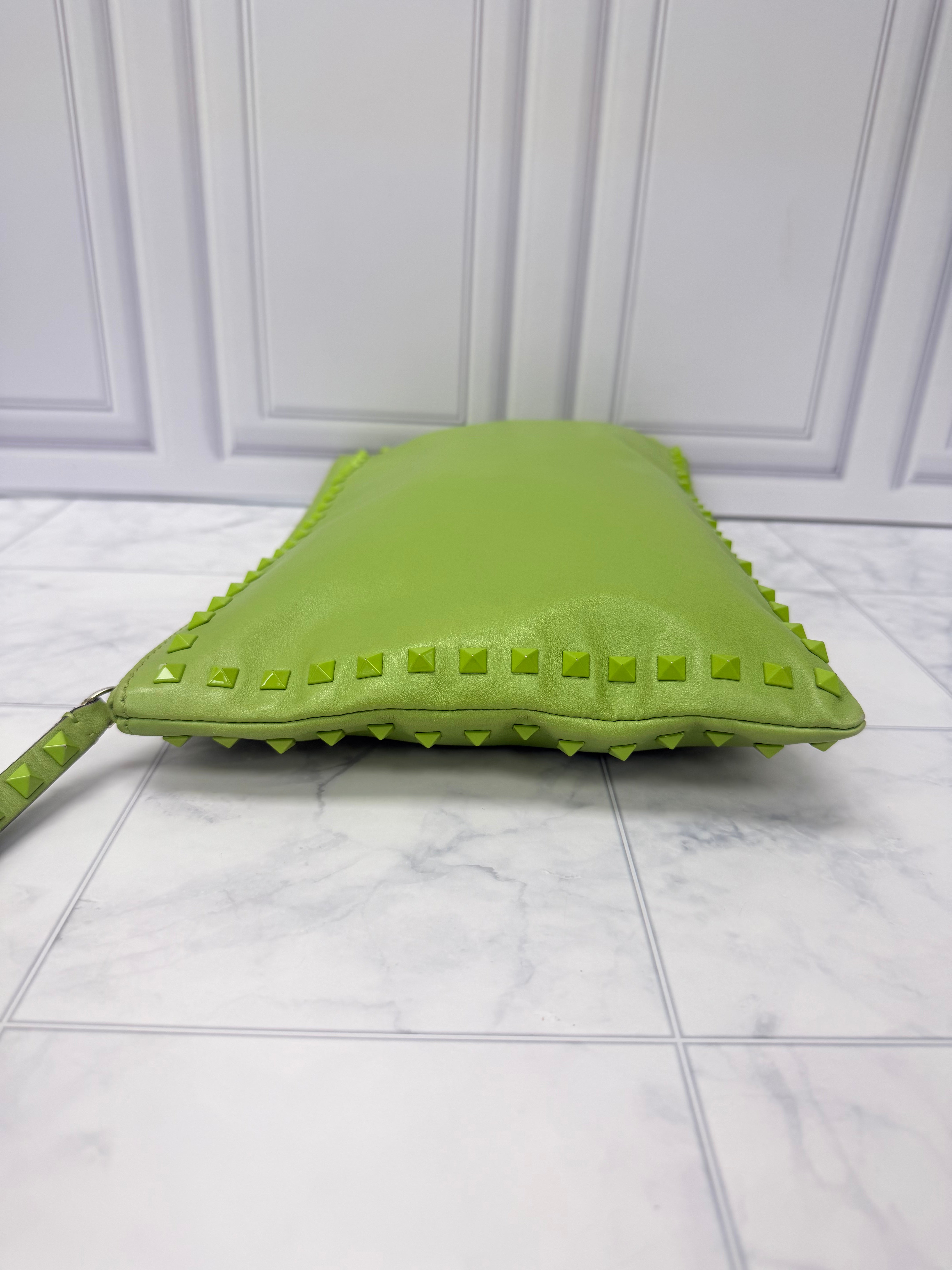 Valentino Green Leather Large Rockstud Clutch