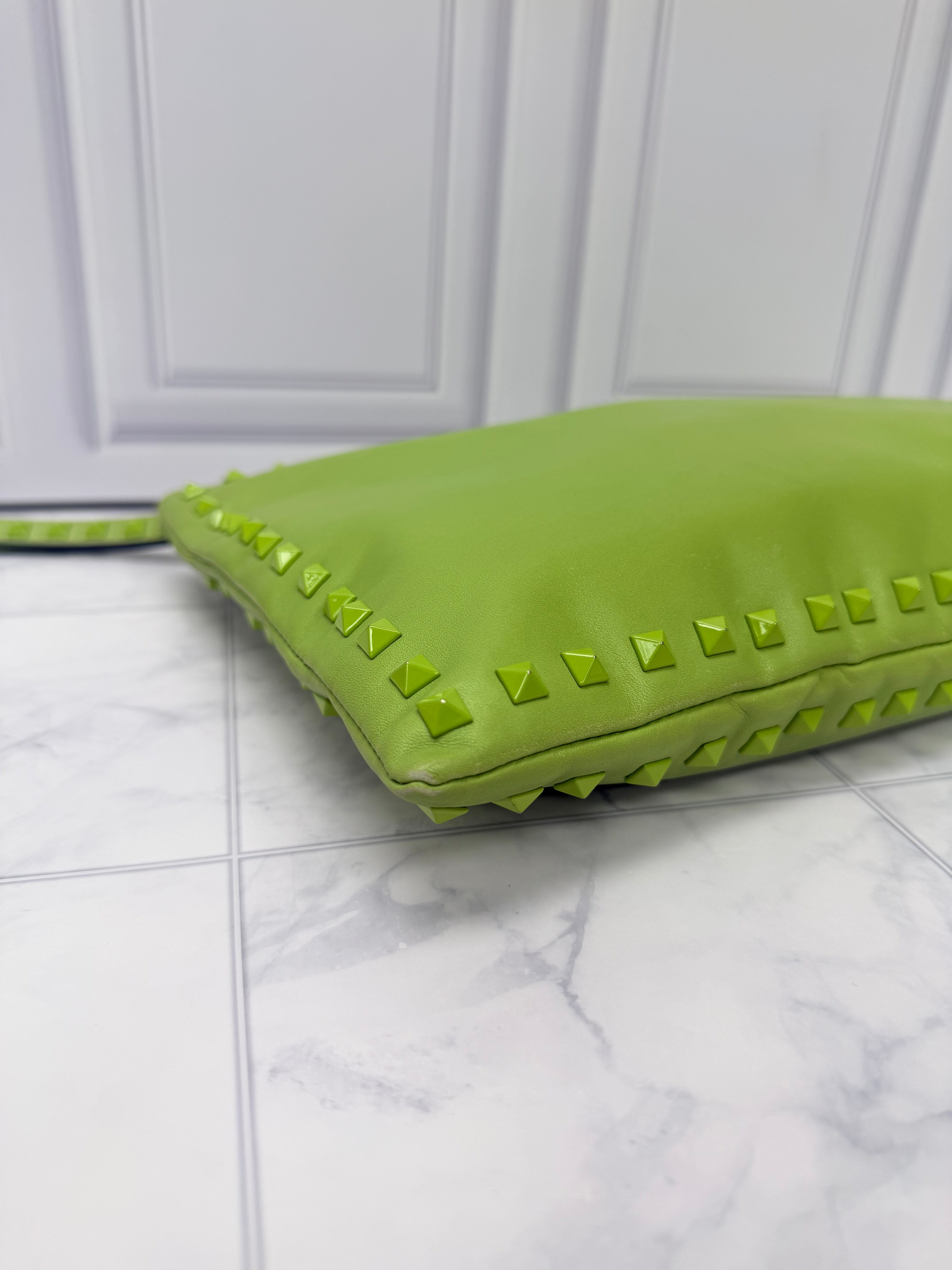 Valentino Green Leather Large Rockstud Clutch