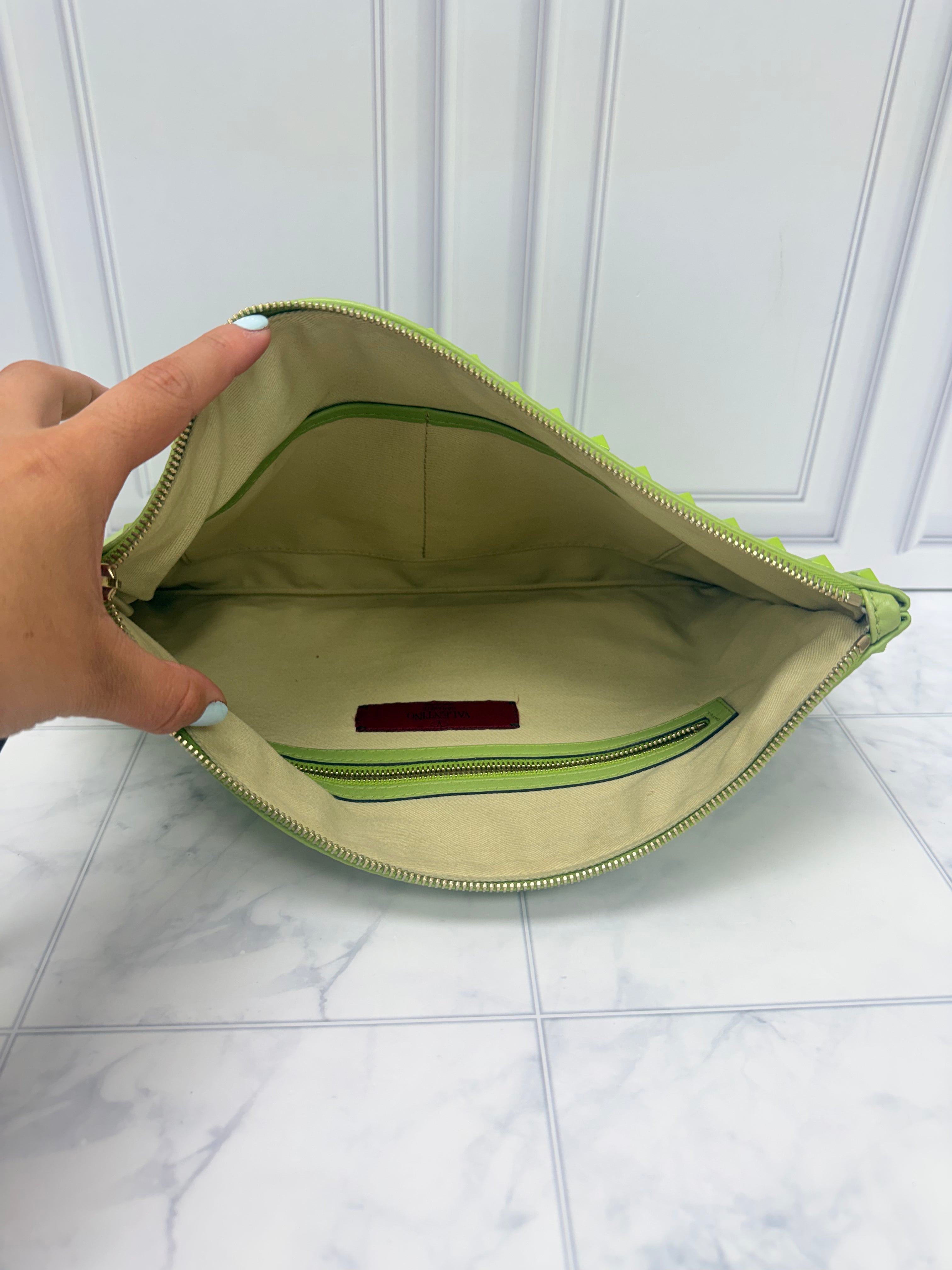 Valentino Green Leather Large Rockstud Clutch