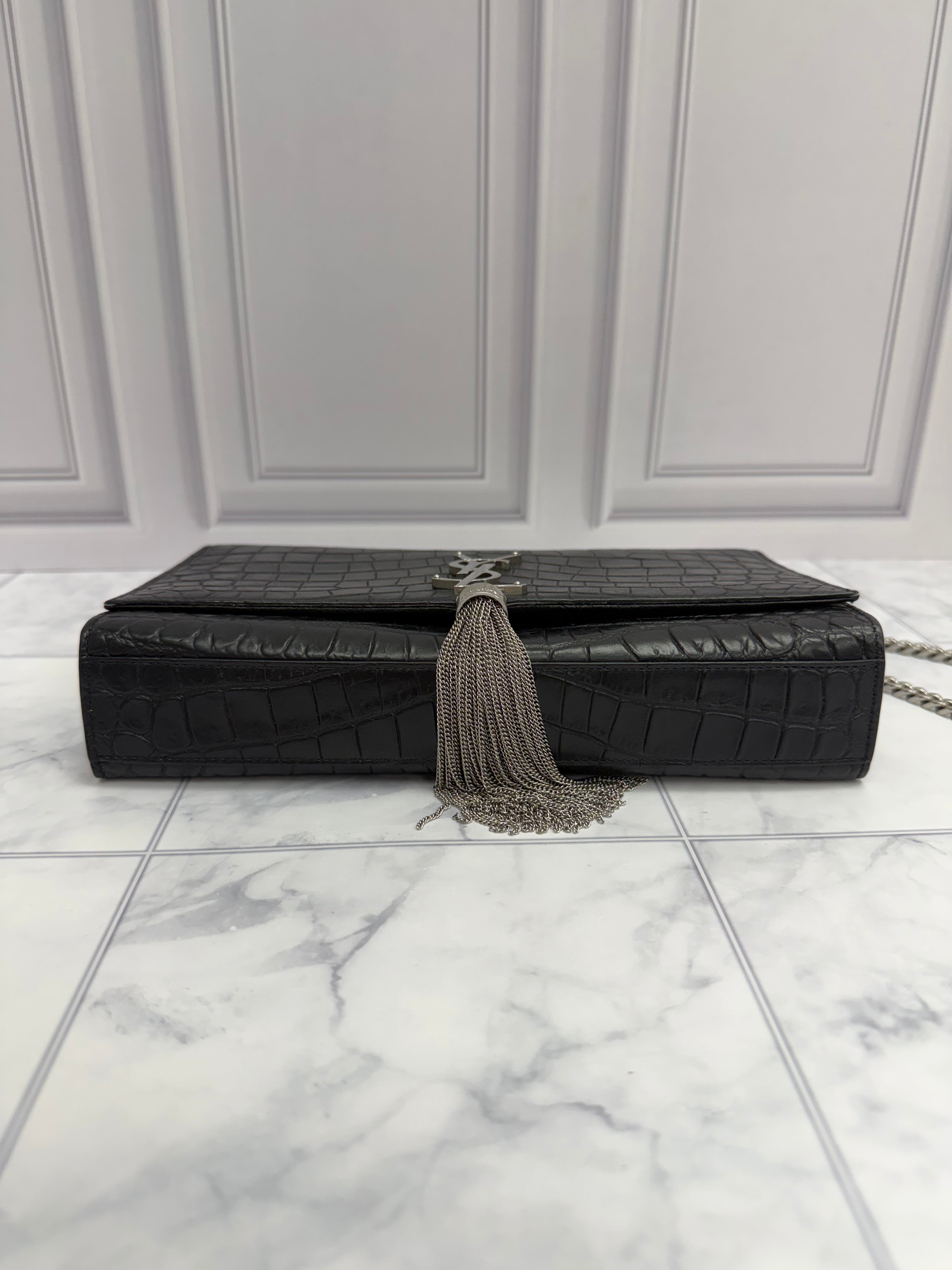 *DONS DROP* Saint Laurent YSL Black Croc Embossed Leather Kate Shoulder Bag