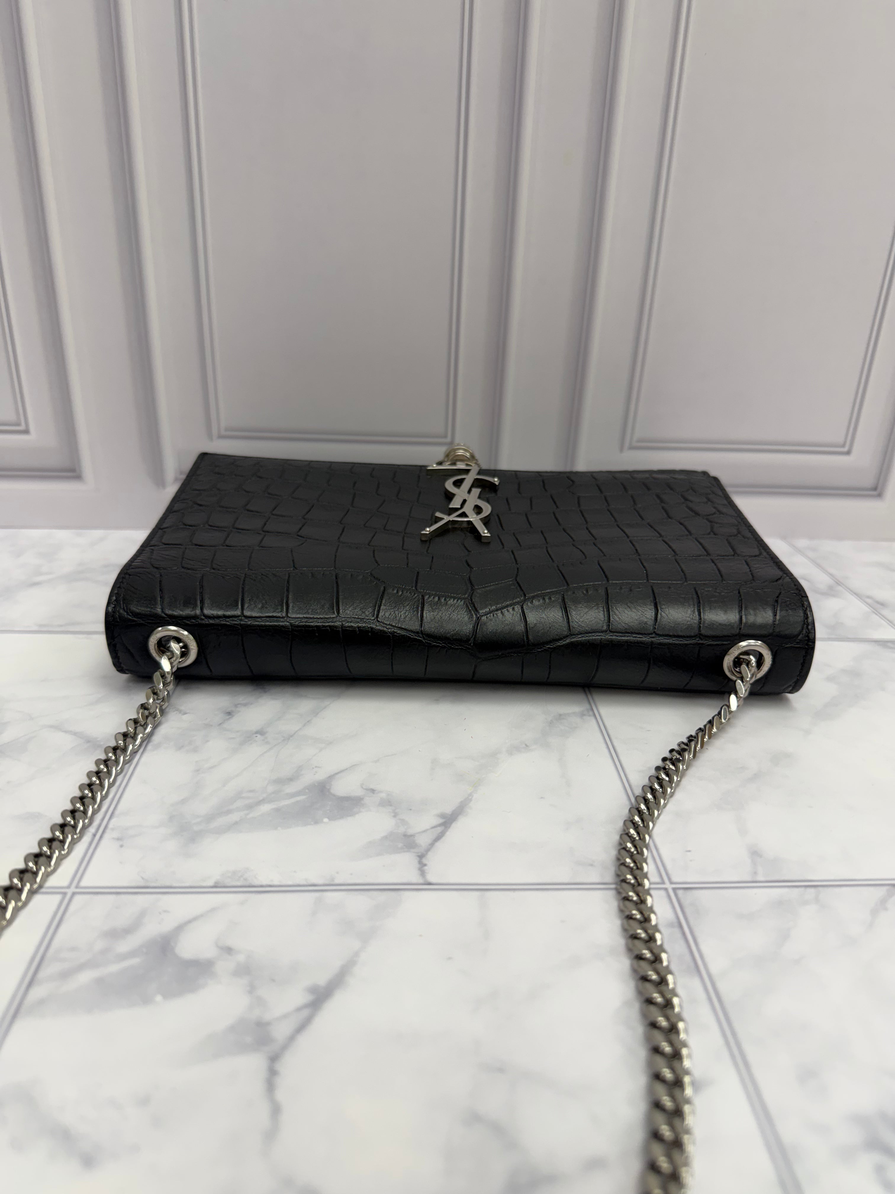 *DONS DROP* Saint Laurent YSL Black Croc Embossed Leather Kate Shoulder Bag