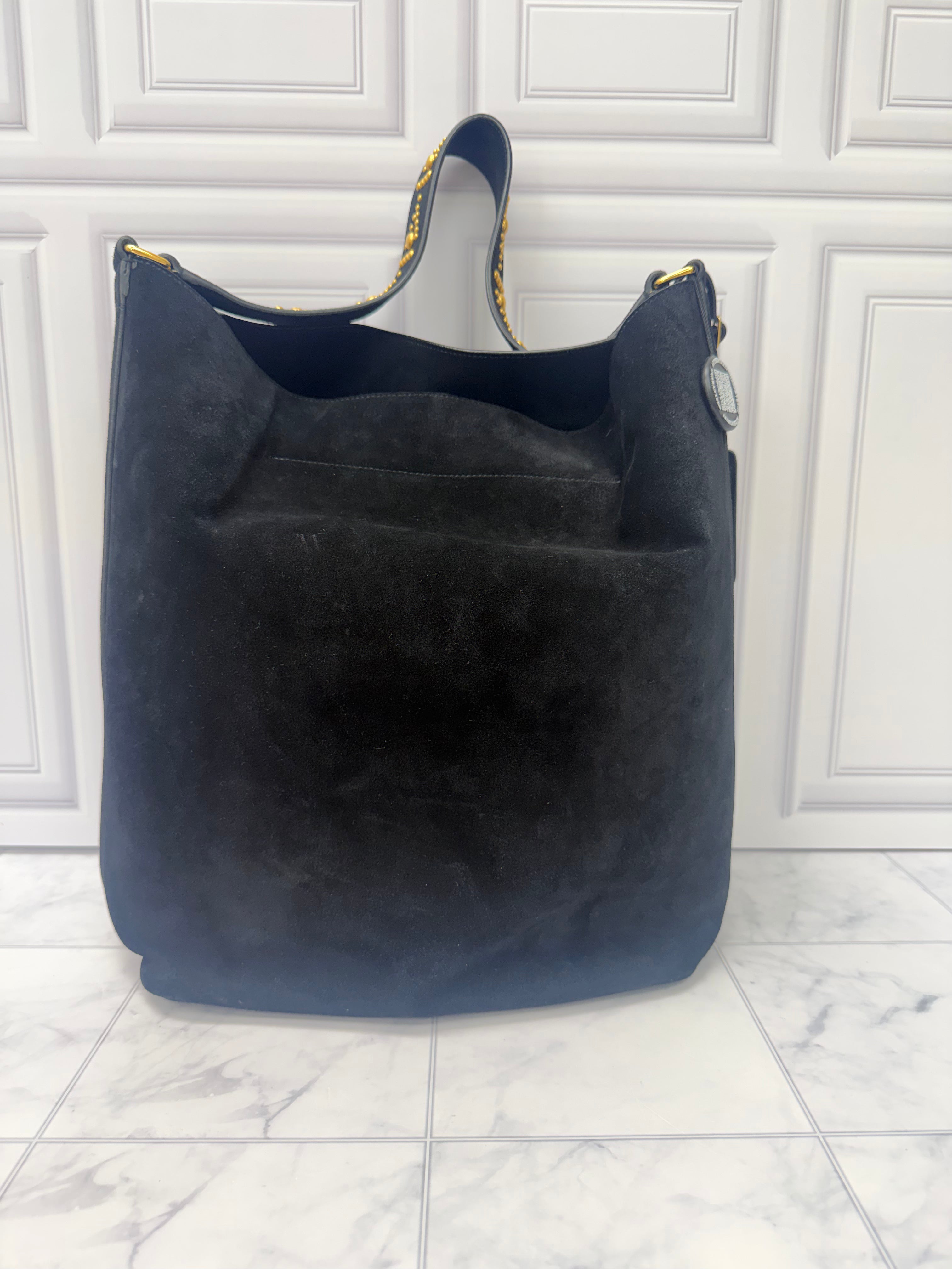 Saint Laurent YSL Black Suede Leather Studded Bucket Bag