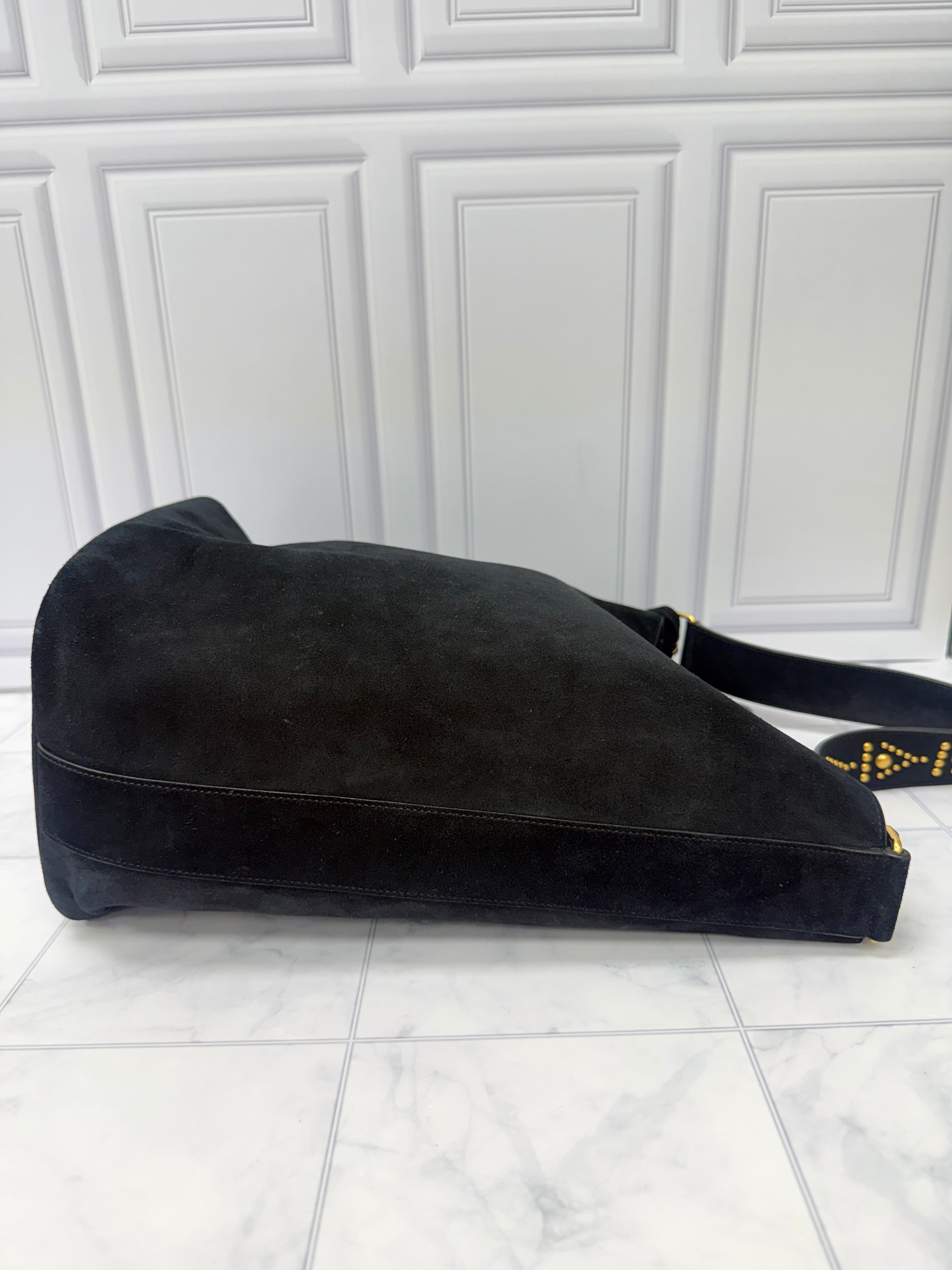 Saint Laurent YSL Black Suede Leather Studded Bucket Bag