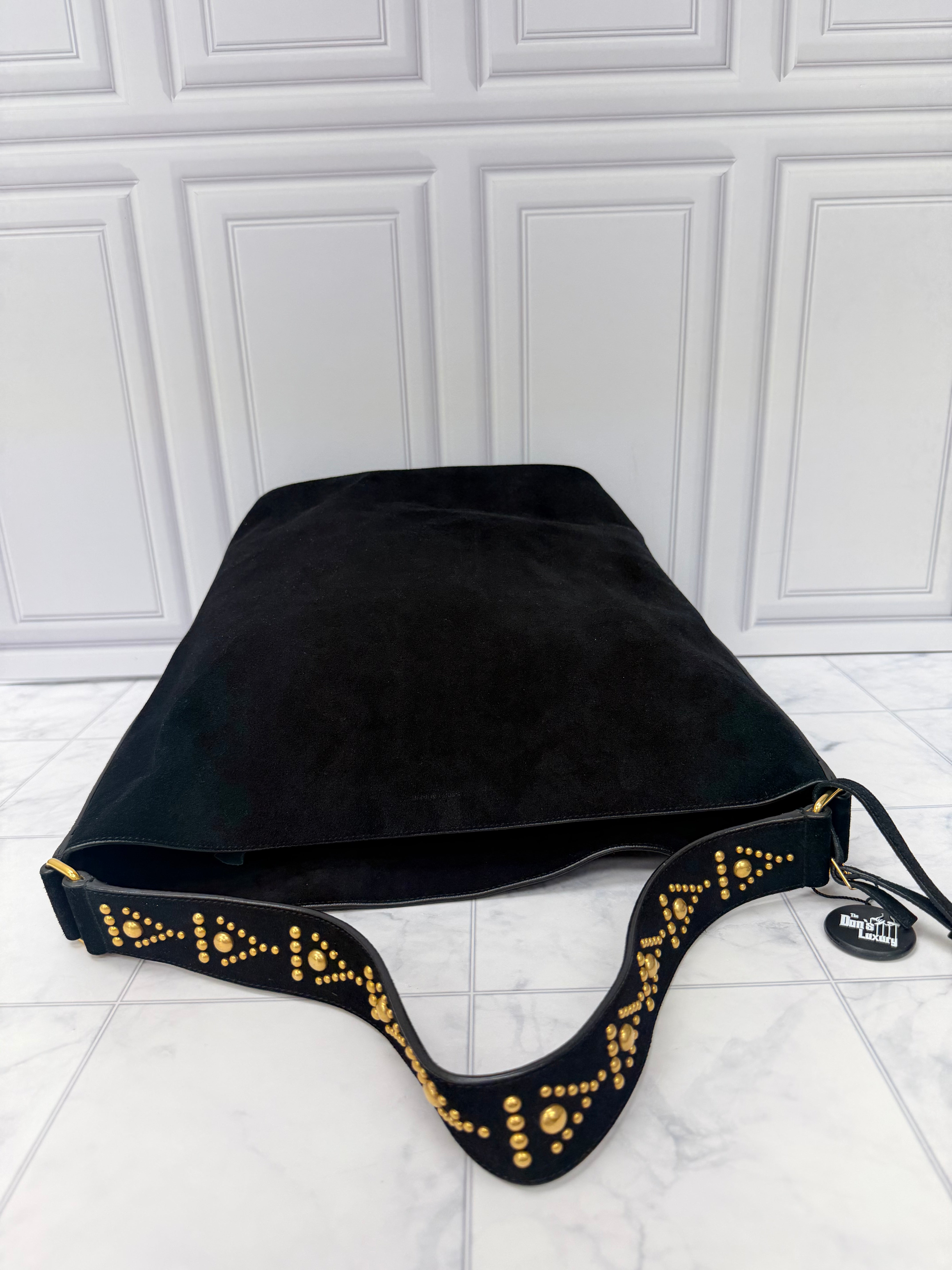 Saint Laurent YSL Black Suede Leather Studded Bucket Bag