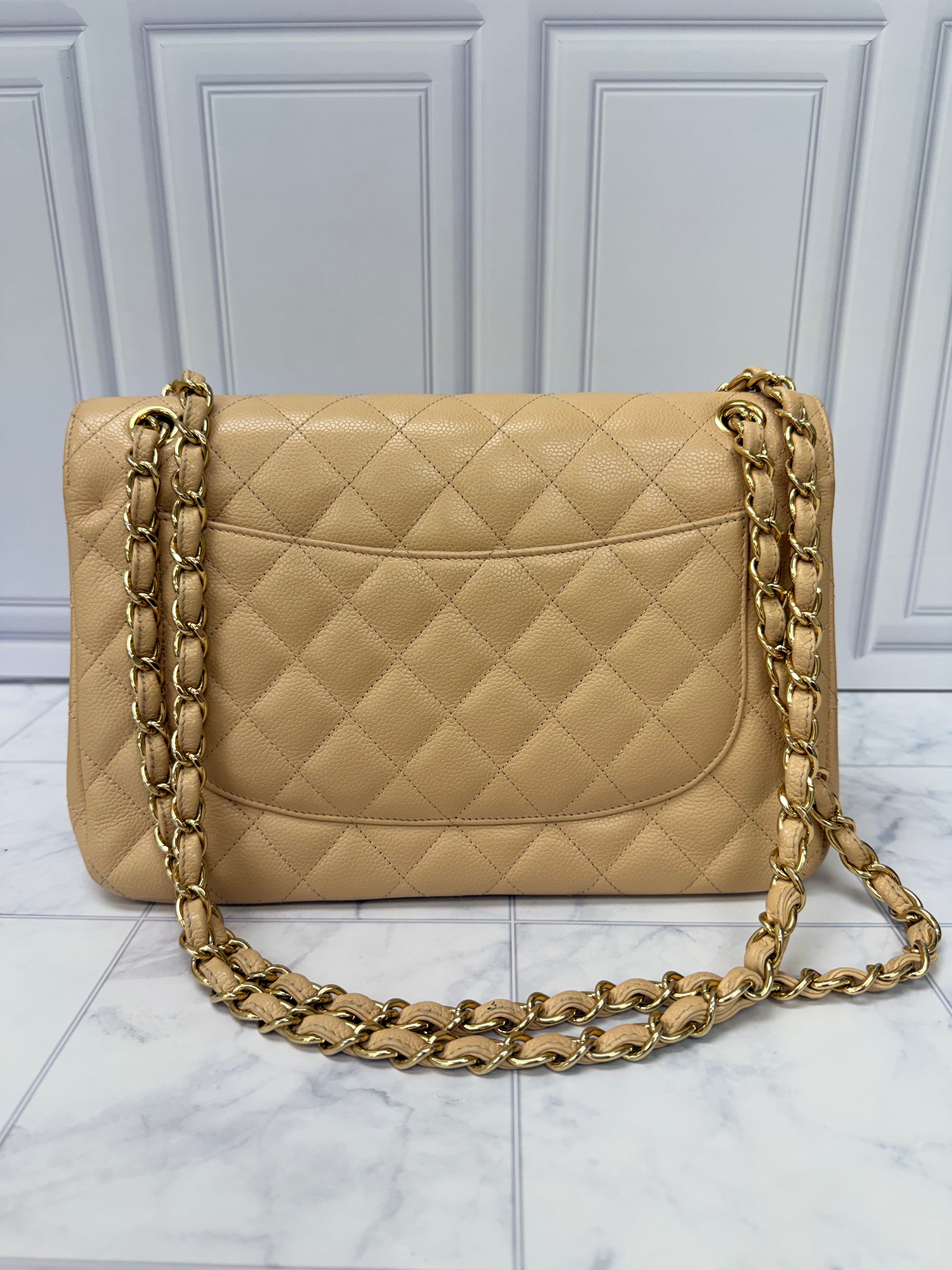 Chanel Beige Caviar Leather Classic Jumbo Double Flap Bag