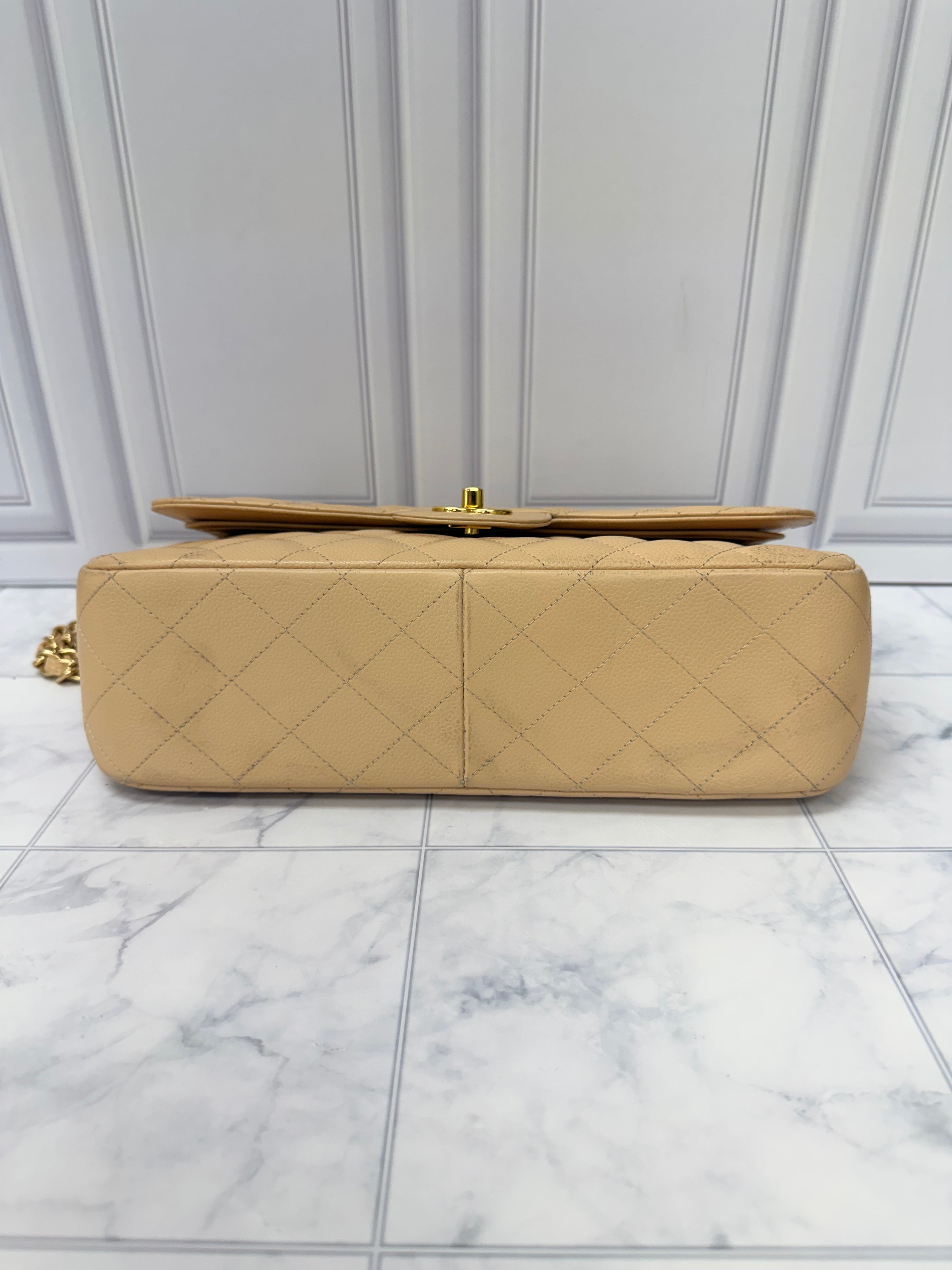 Chanel Beige Caviar Leather Classic Jumbo Double Flap Bag