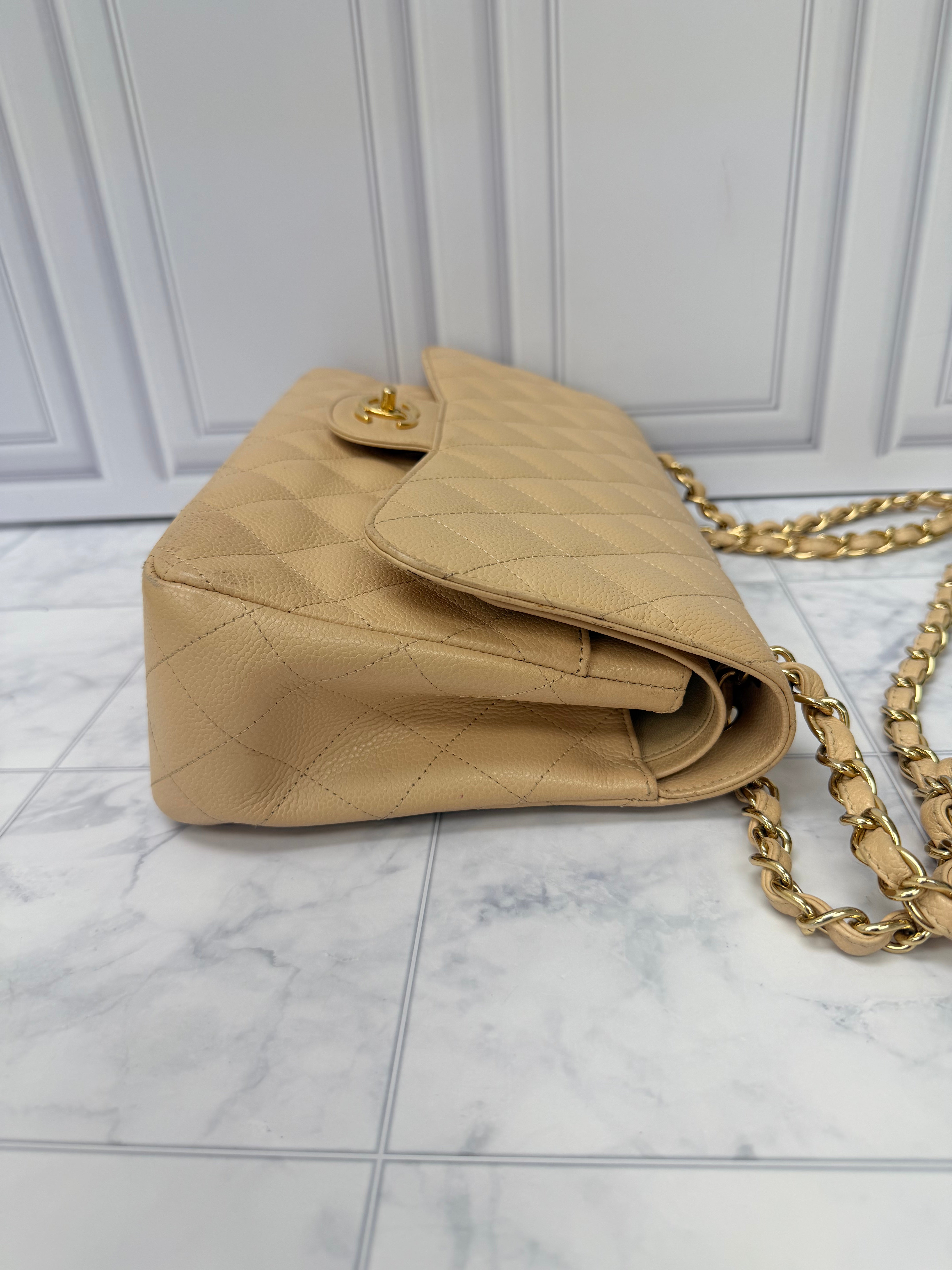 Chanel Beige Caviar Leather Classic Jumbo Double Flap Bag