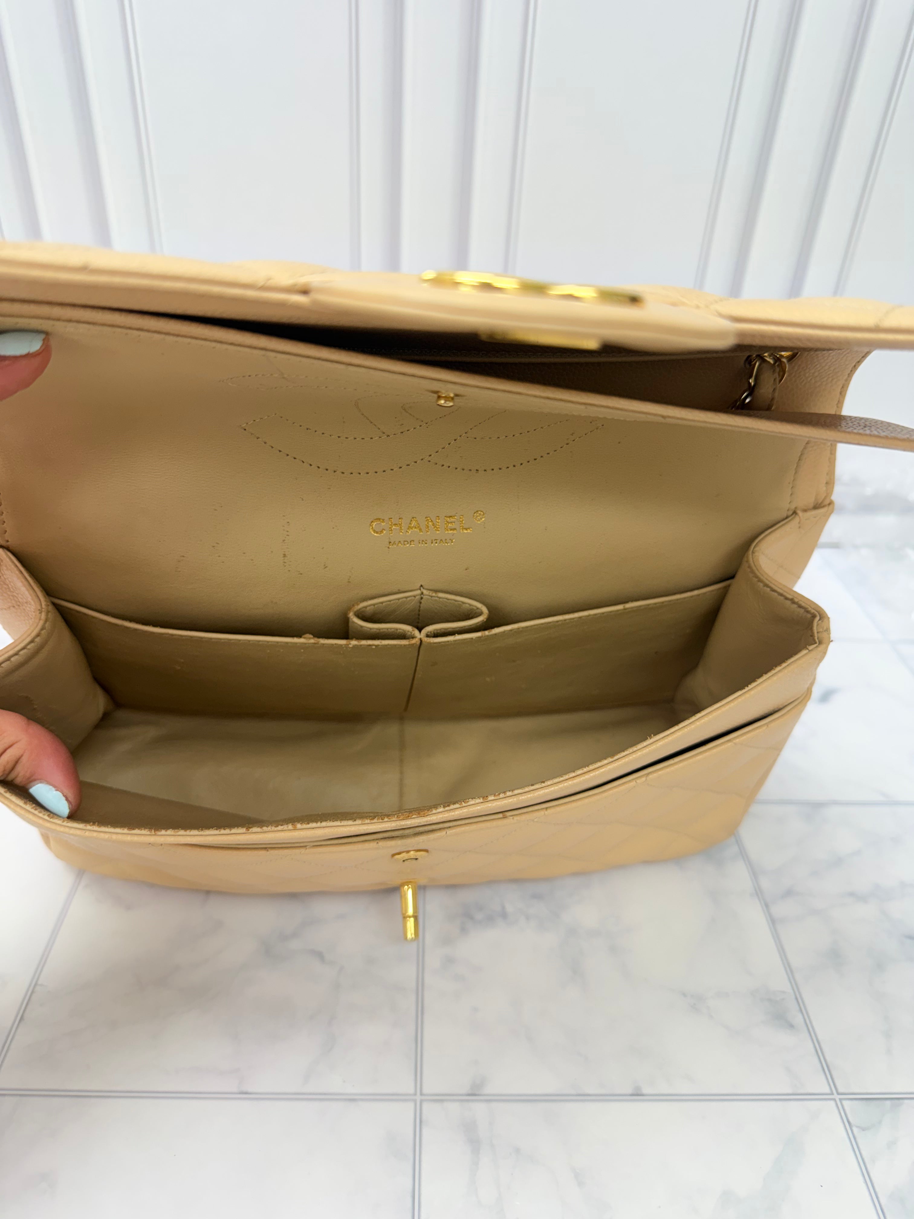 Chanel Beige Caviar Leather Classic Jumbo Double Flap Bag