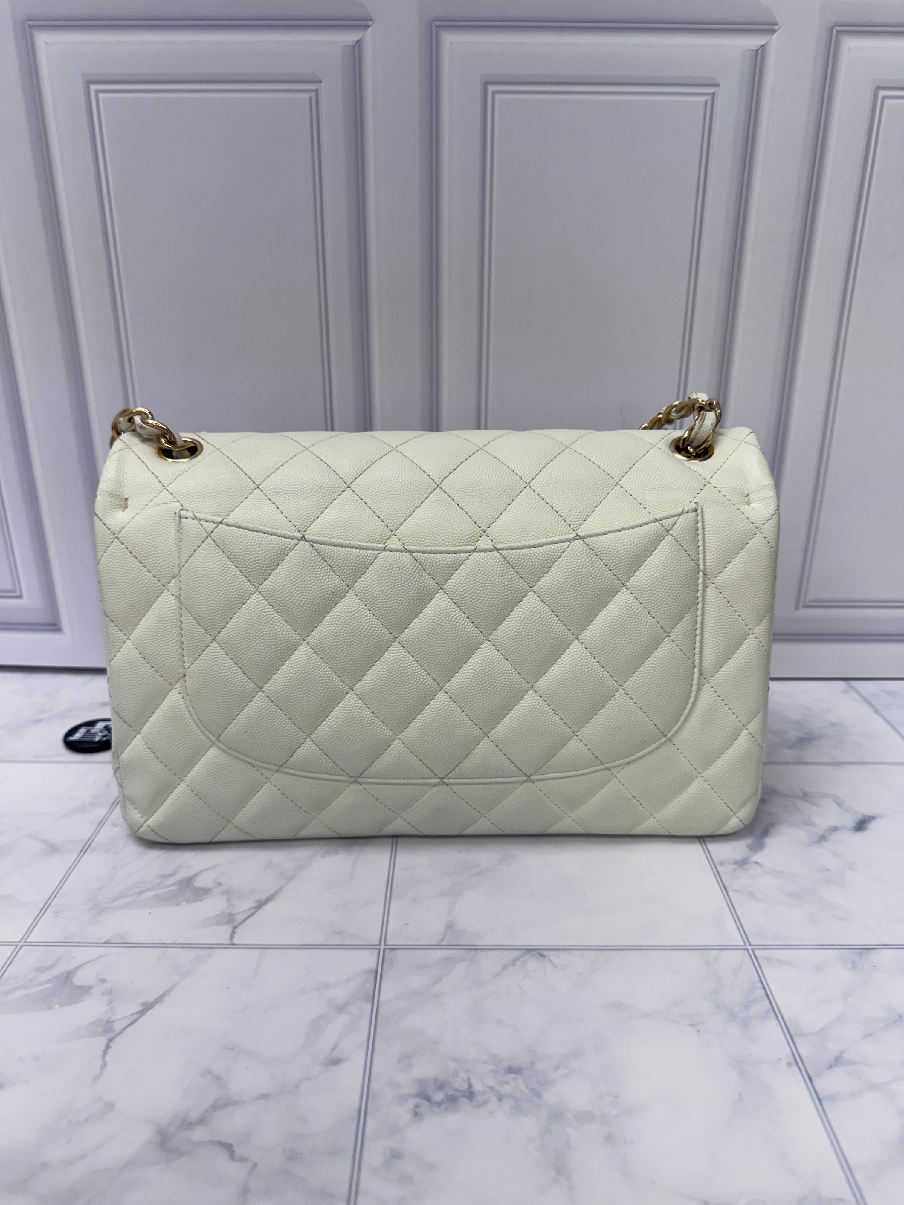 Chanel White Caviar Leather Jumbo Classic Flap Bag