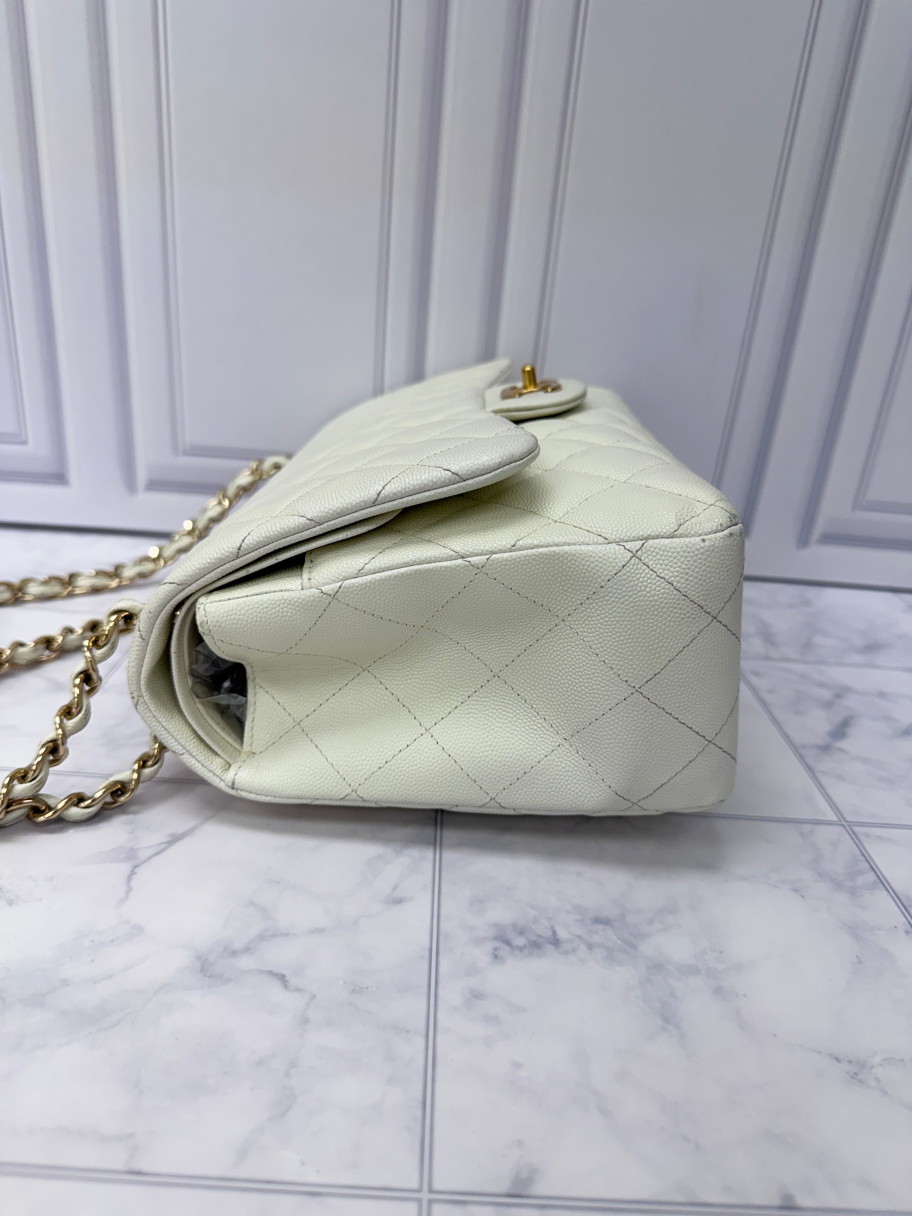 Chanel White Caviar Leather Jumbo Classic Flap Bag