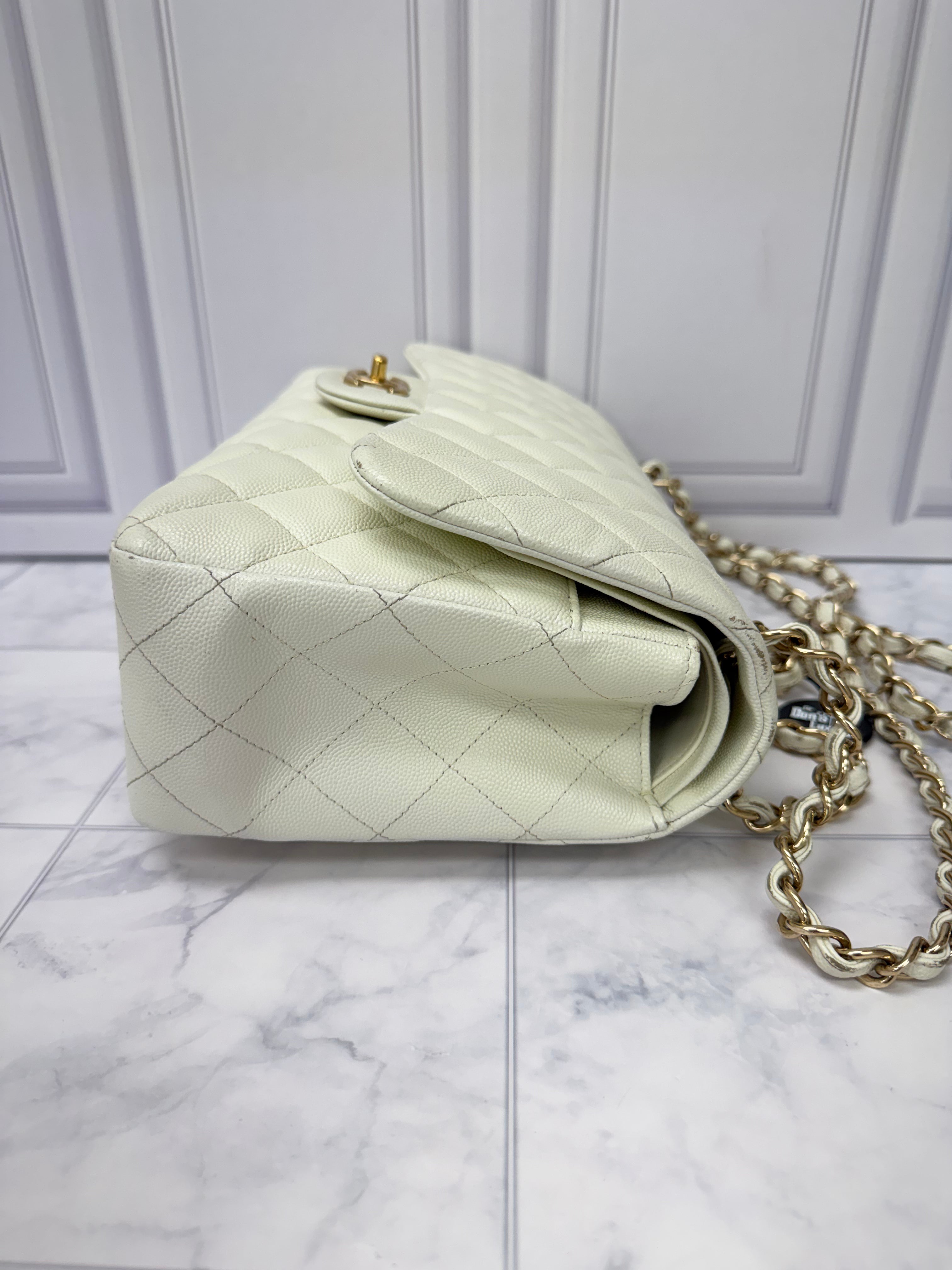 Chanel White Caviar Leather Jumbo Classic Flap Bag