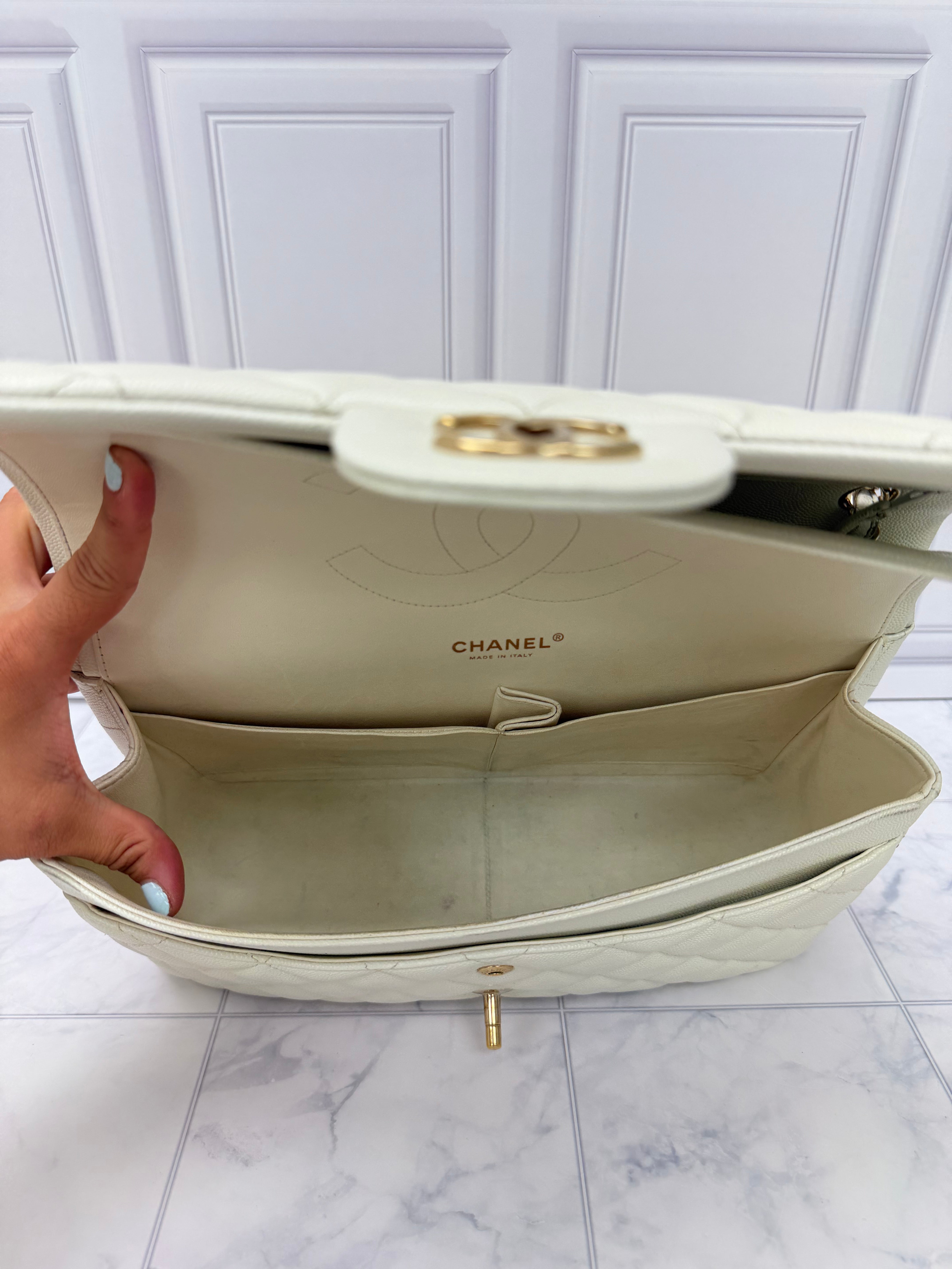 Chanel White Caviar Leather Jumbo Classic Flap Bag