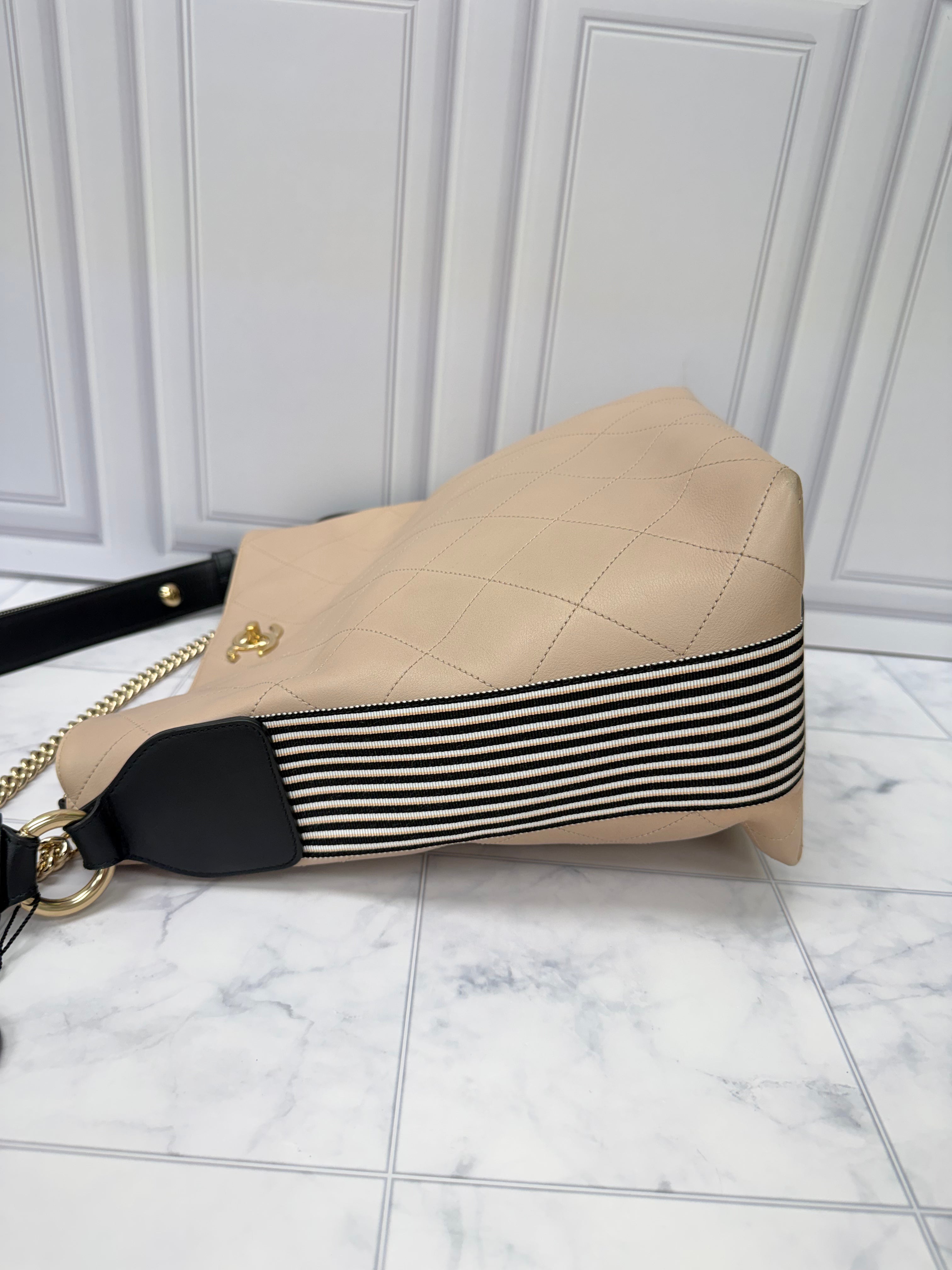Chanel Beige Quilted Leather Button Up Hobo Bag