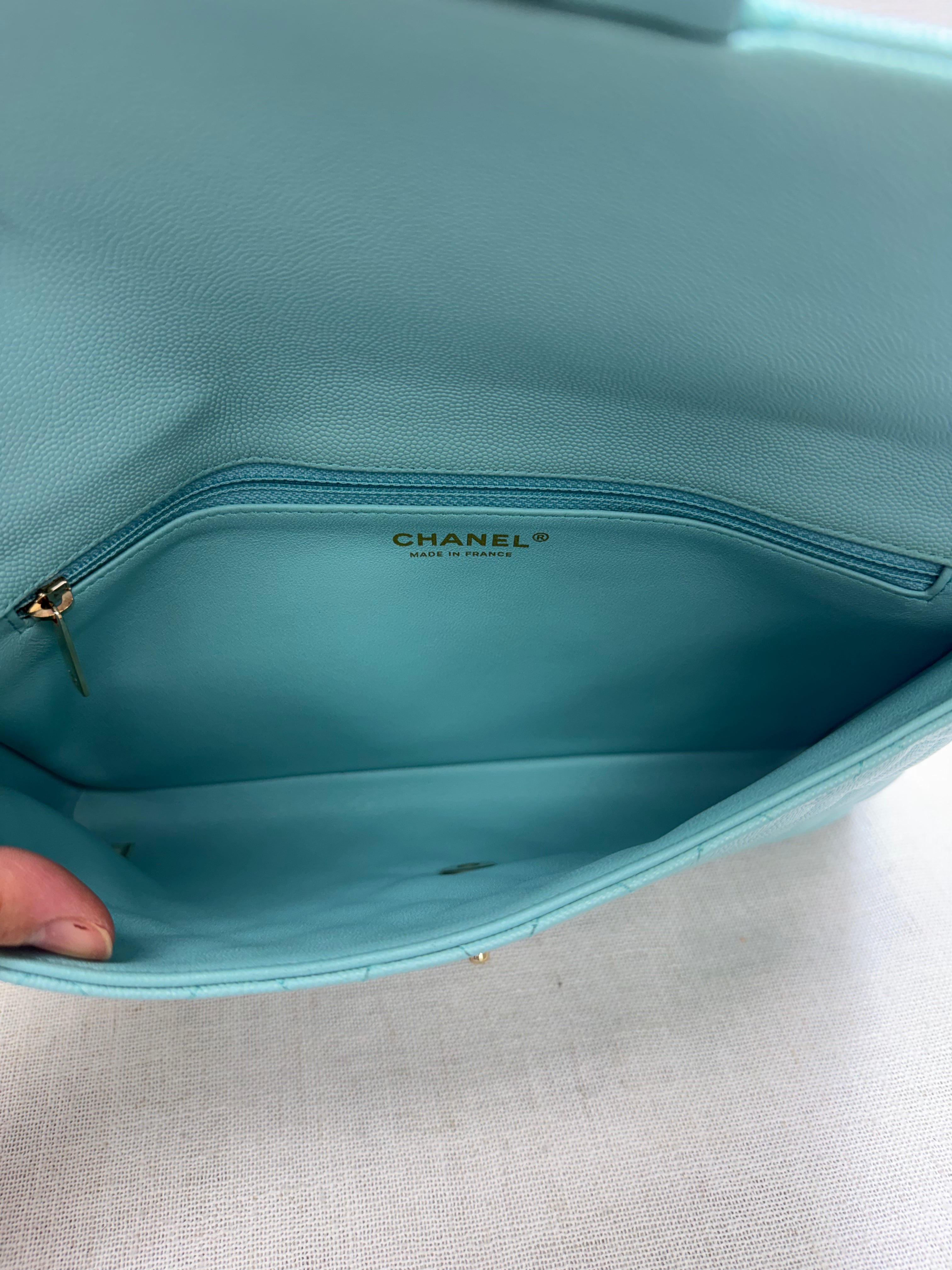 Chanel Tiffany Blue Quilted Caviar Leather Classic Flap Clutch