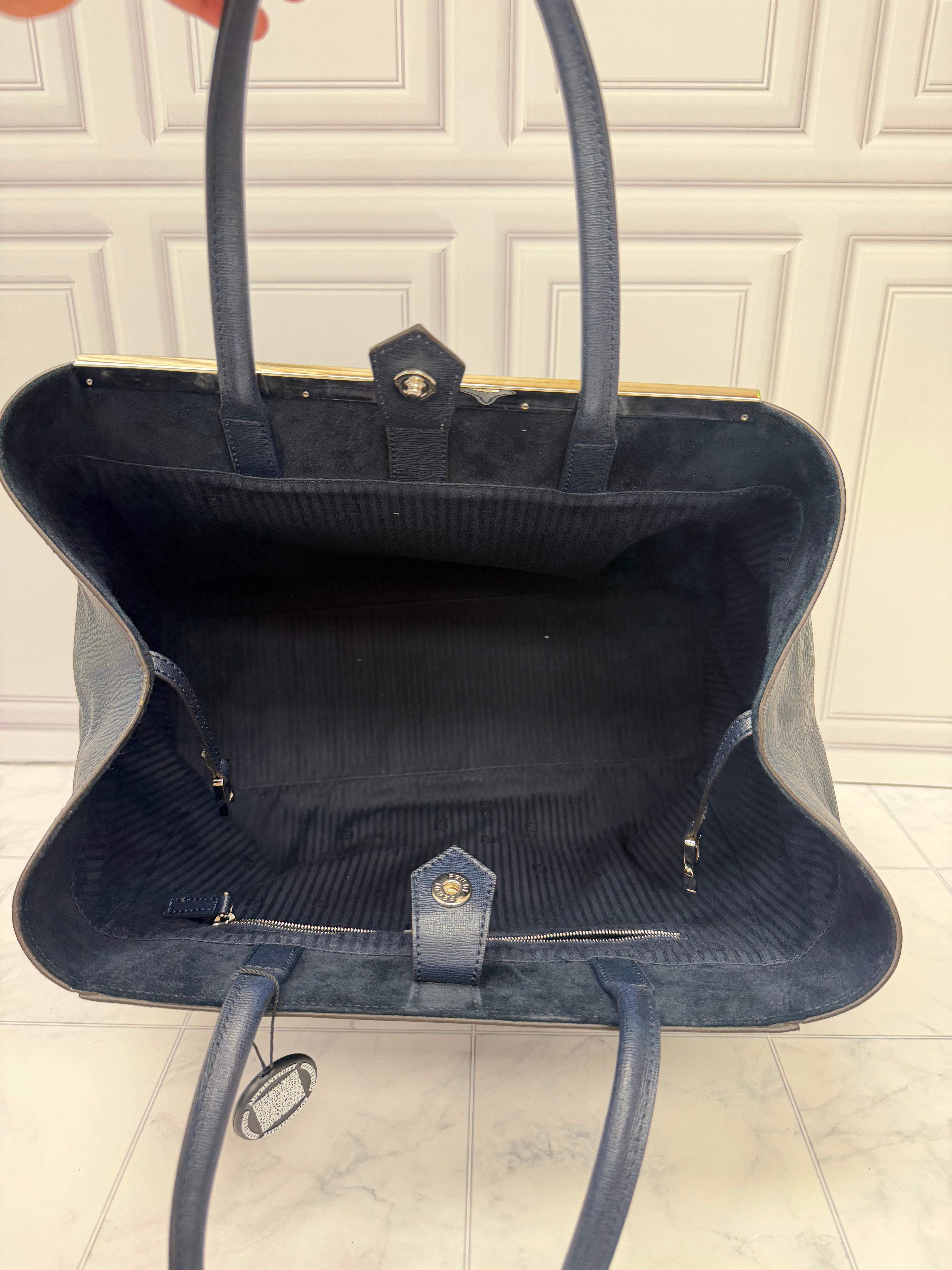 Fendi Blue Grained Leather Tote Bag