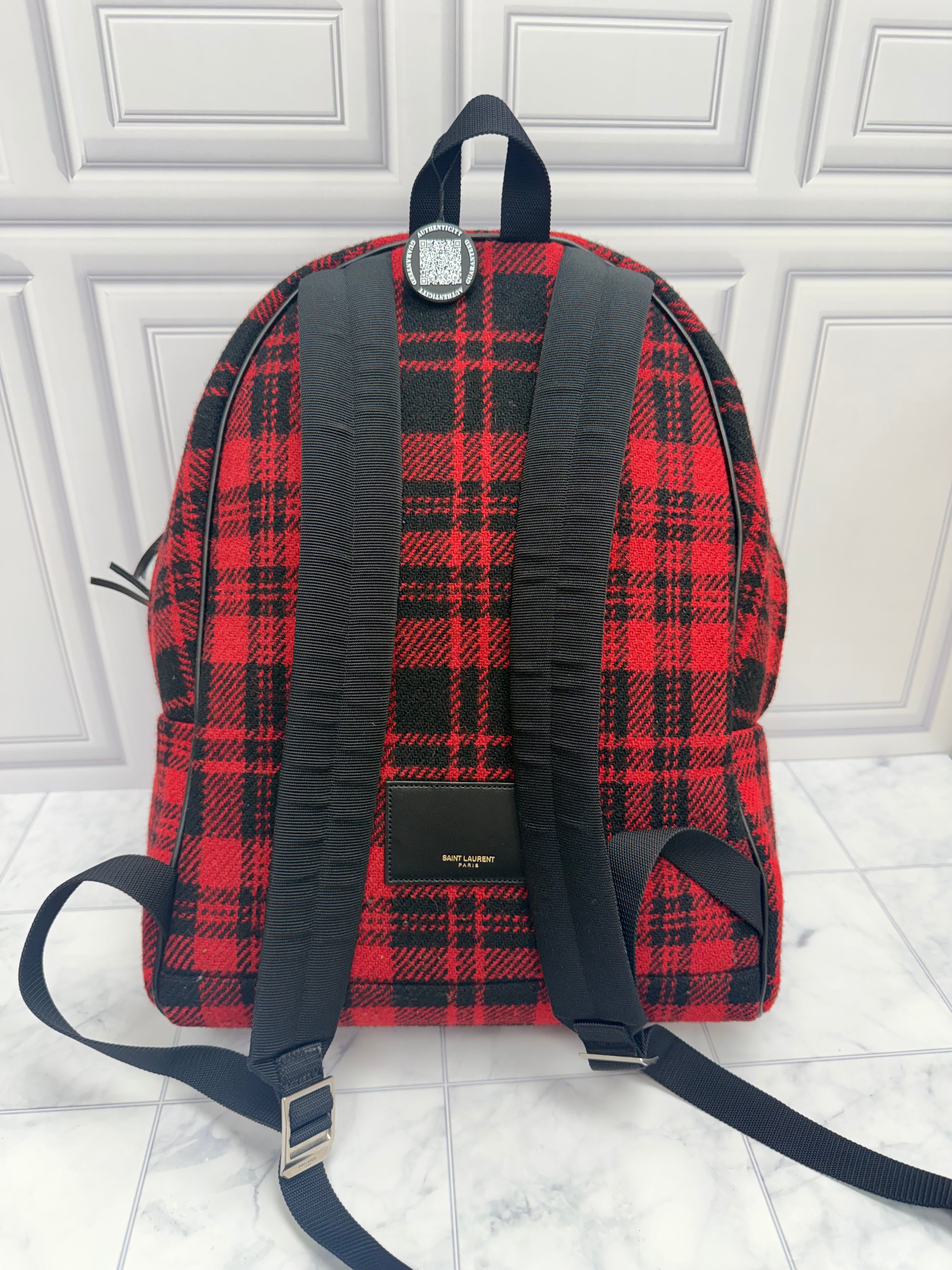LIKE NEW - Saint Laurent YSL Red And Black Wool City Backpack