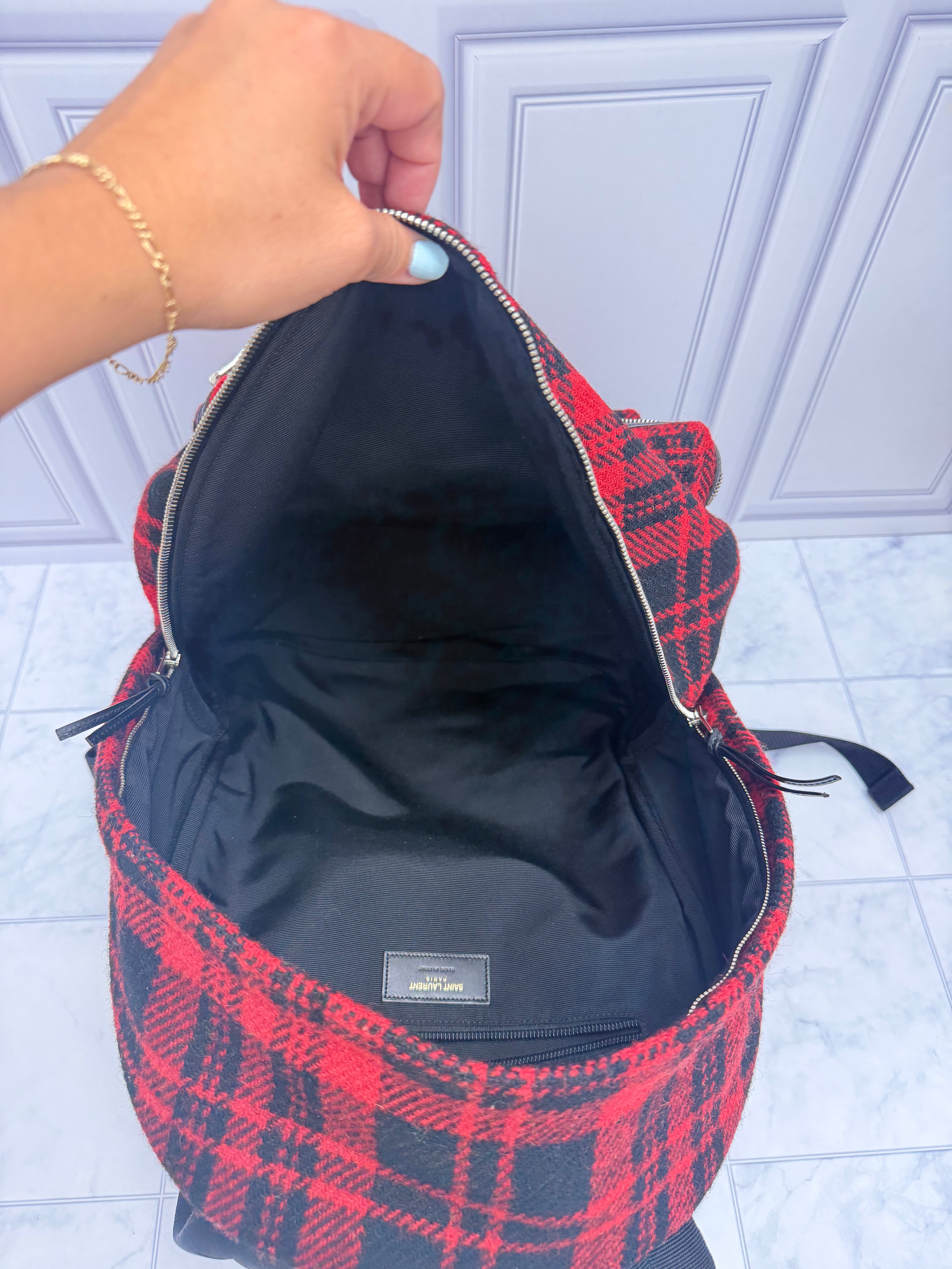 LIKE NEW - Saint Laurent YSL Red And Black Wool City Backpack