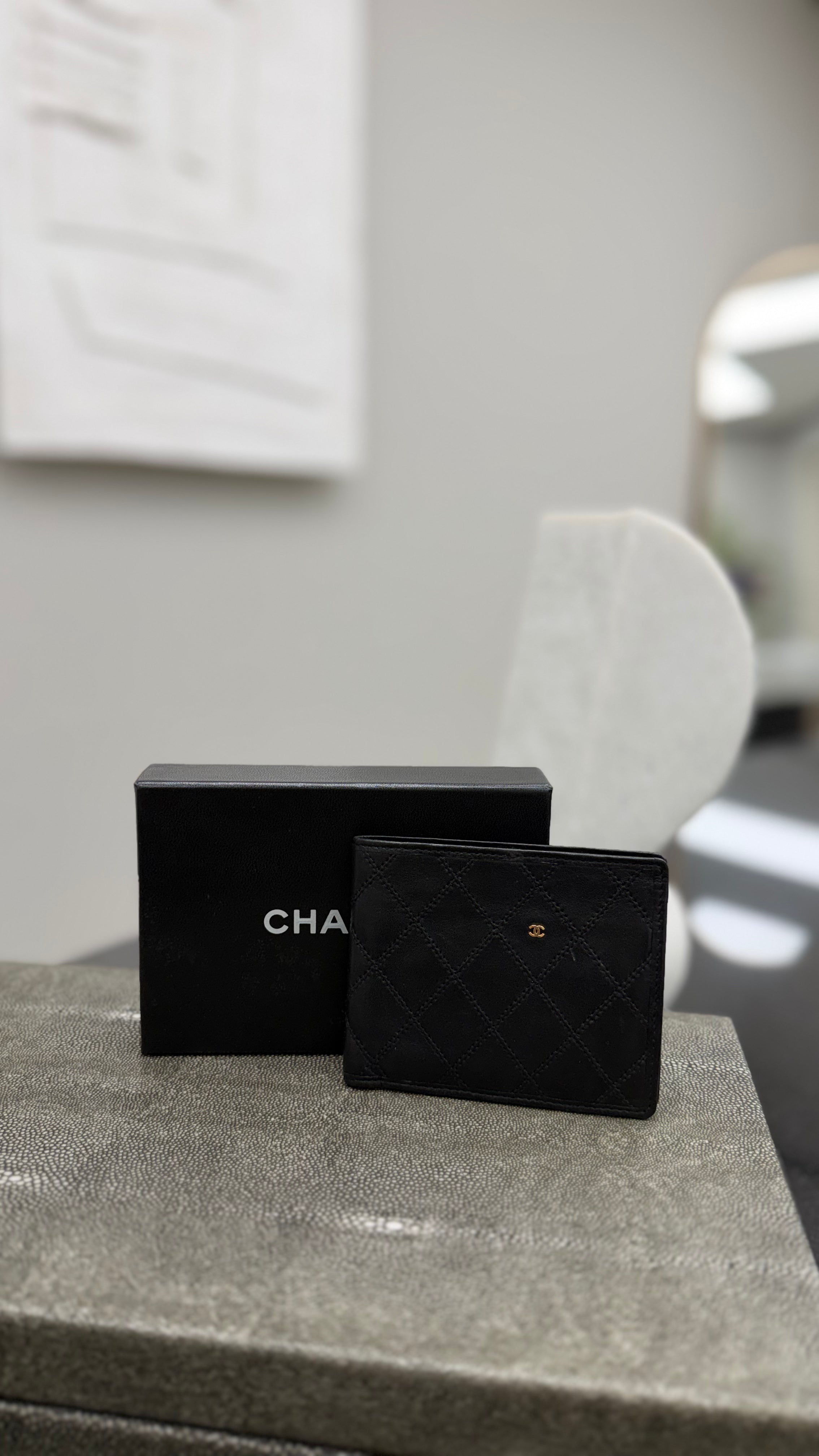 Chanel Black Lambskin Gold Logo Leather Bifold Wallet