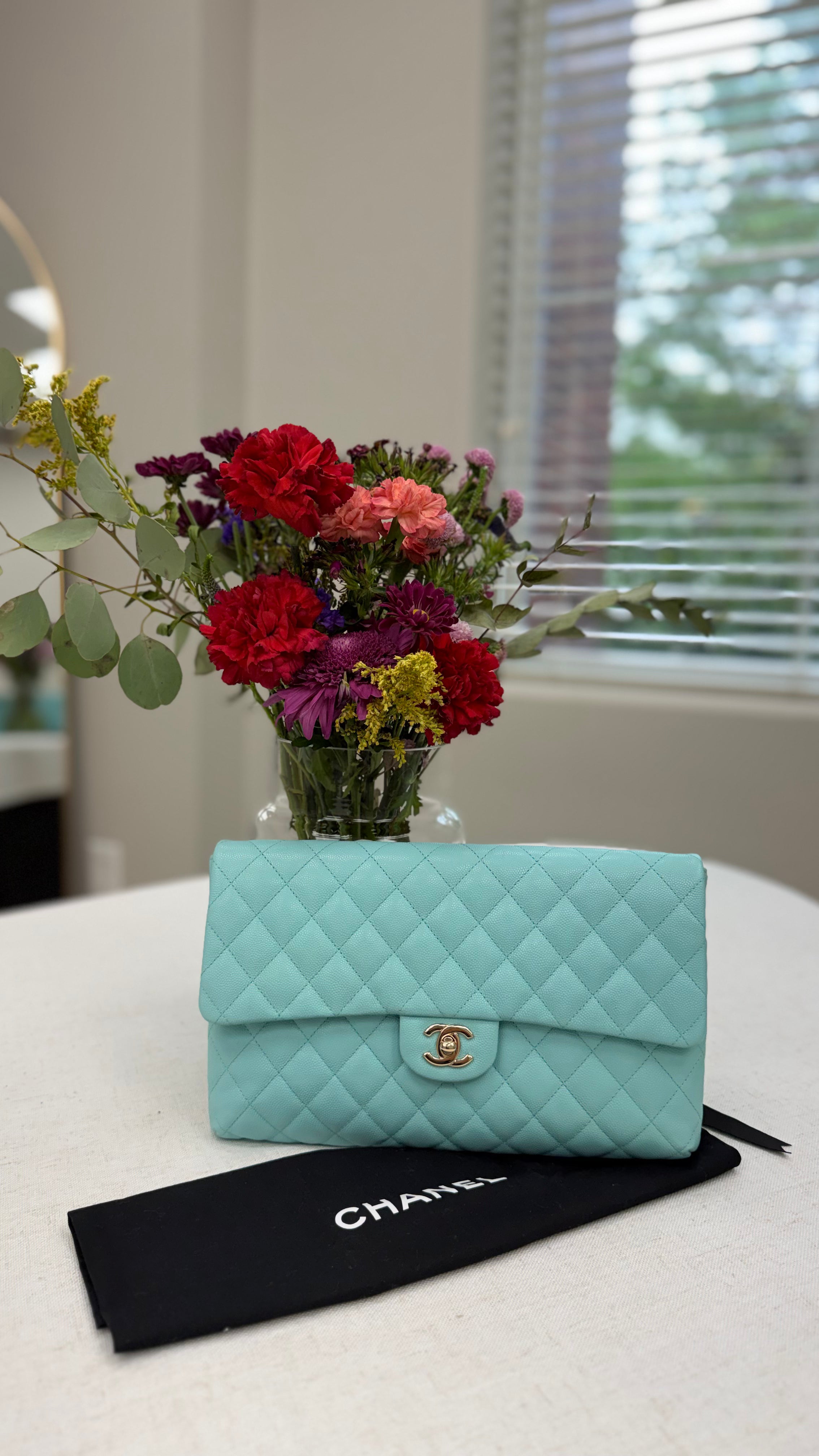 Chanel Tiffany Blue Quilted Caviar Leather Classic Flap Clutch