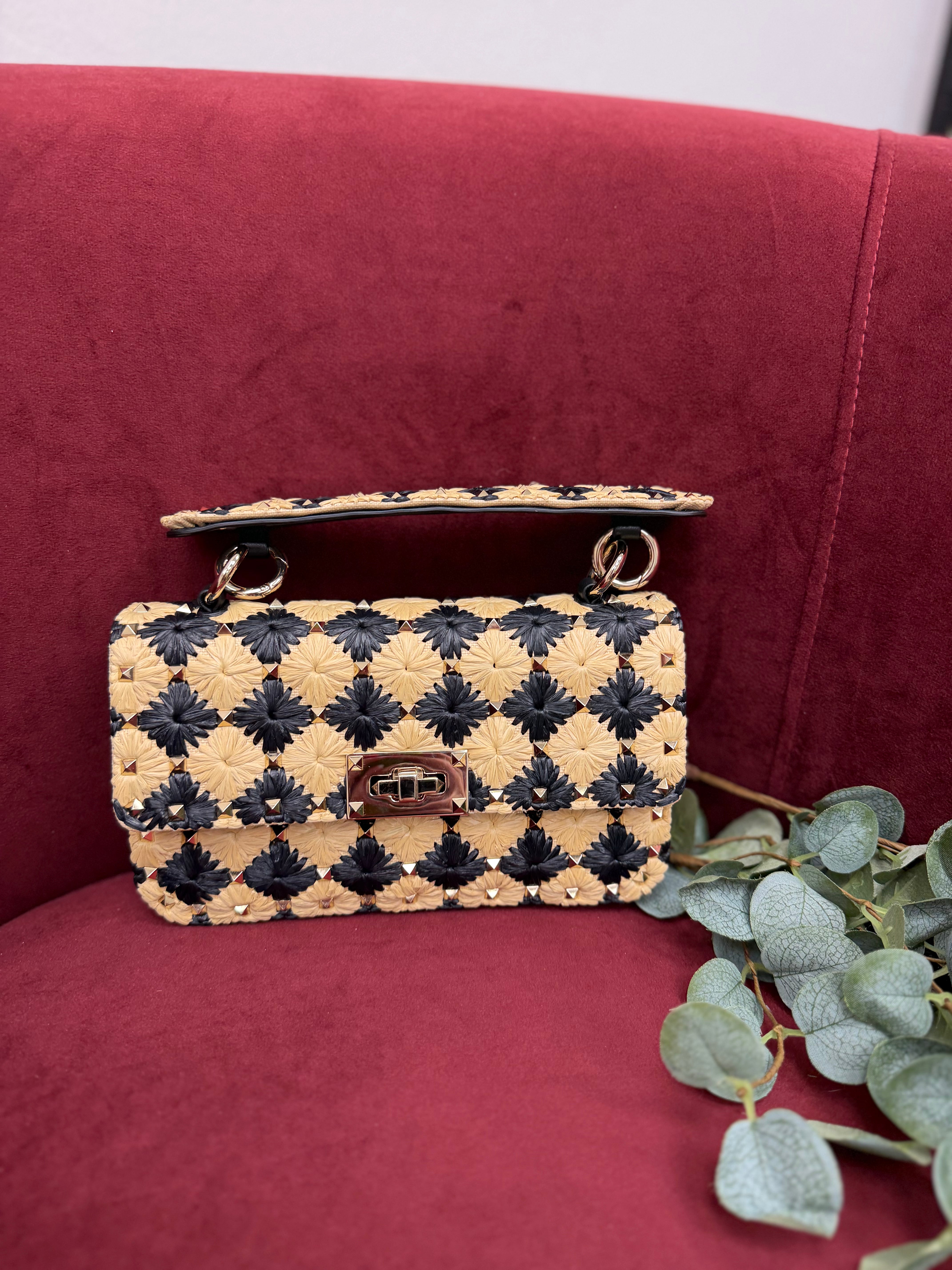 LIKE NEW Valentino Natural & Black Raffia Embroidered Rockstud Bag