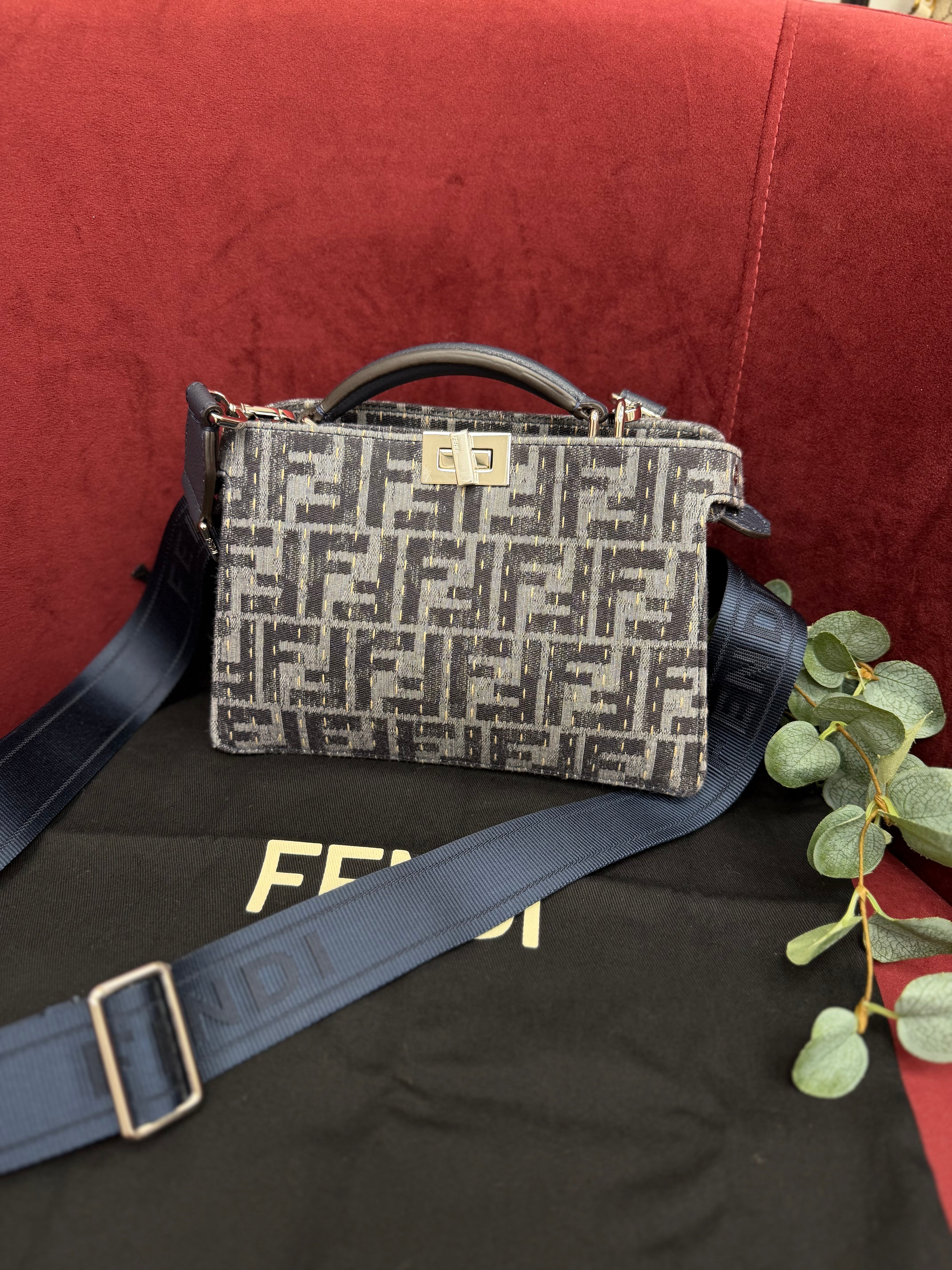 BRAND NEW - Fendi Blue Embossed Canvas Peekaboo ISeeU XCross Satchel