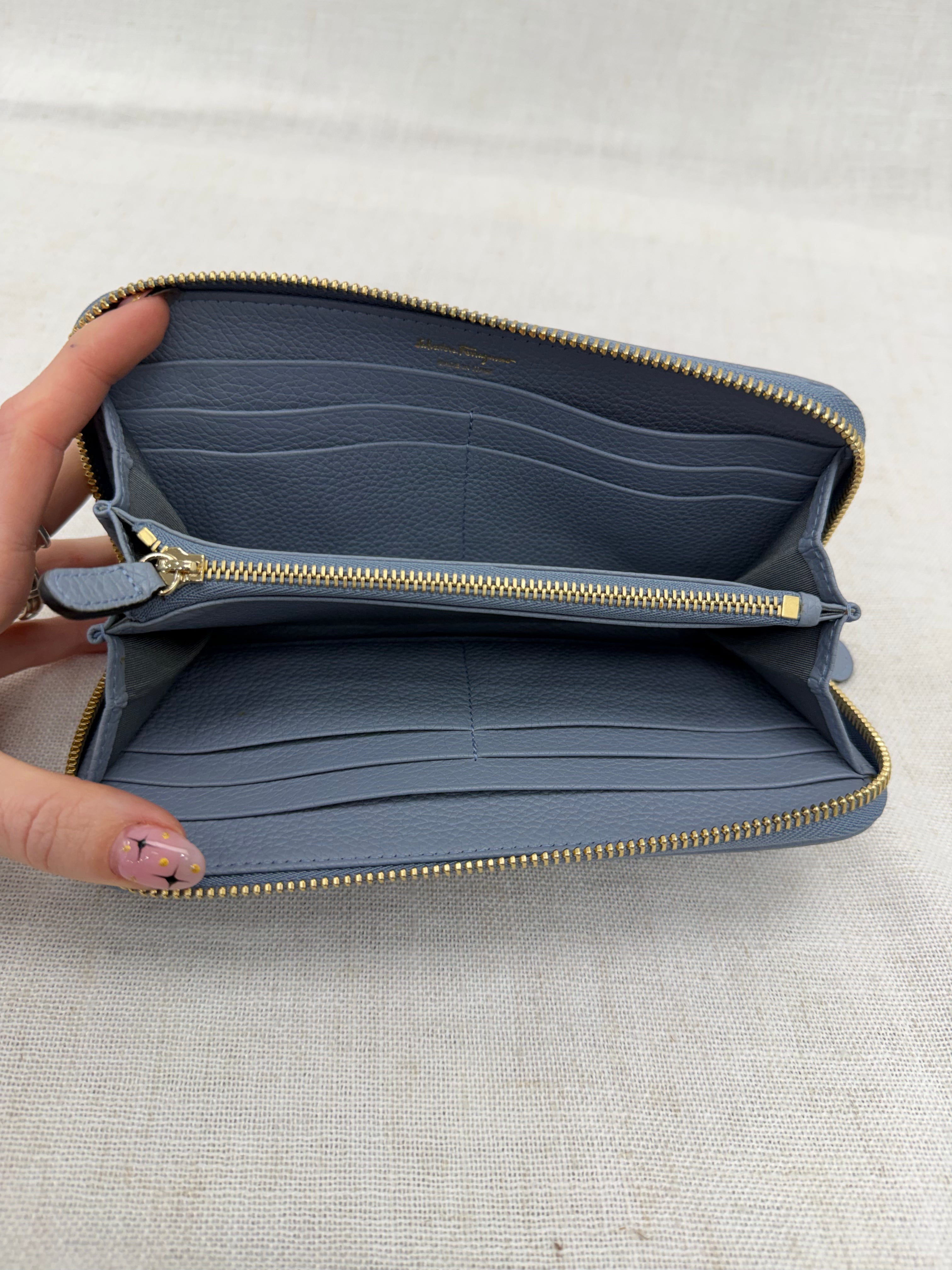 Salvatore Ferragamo Blue Leather Zippy Wallet