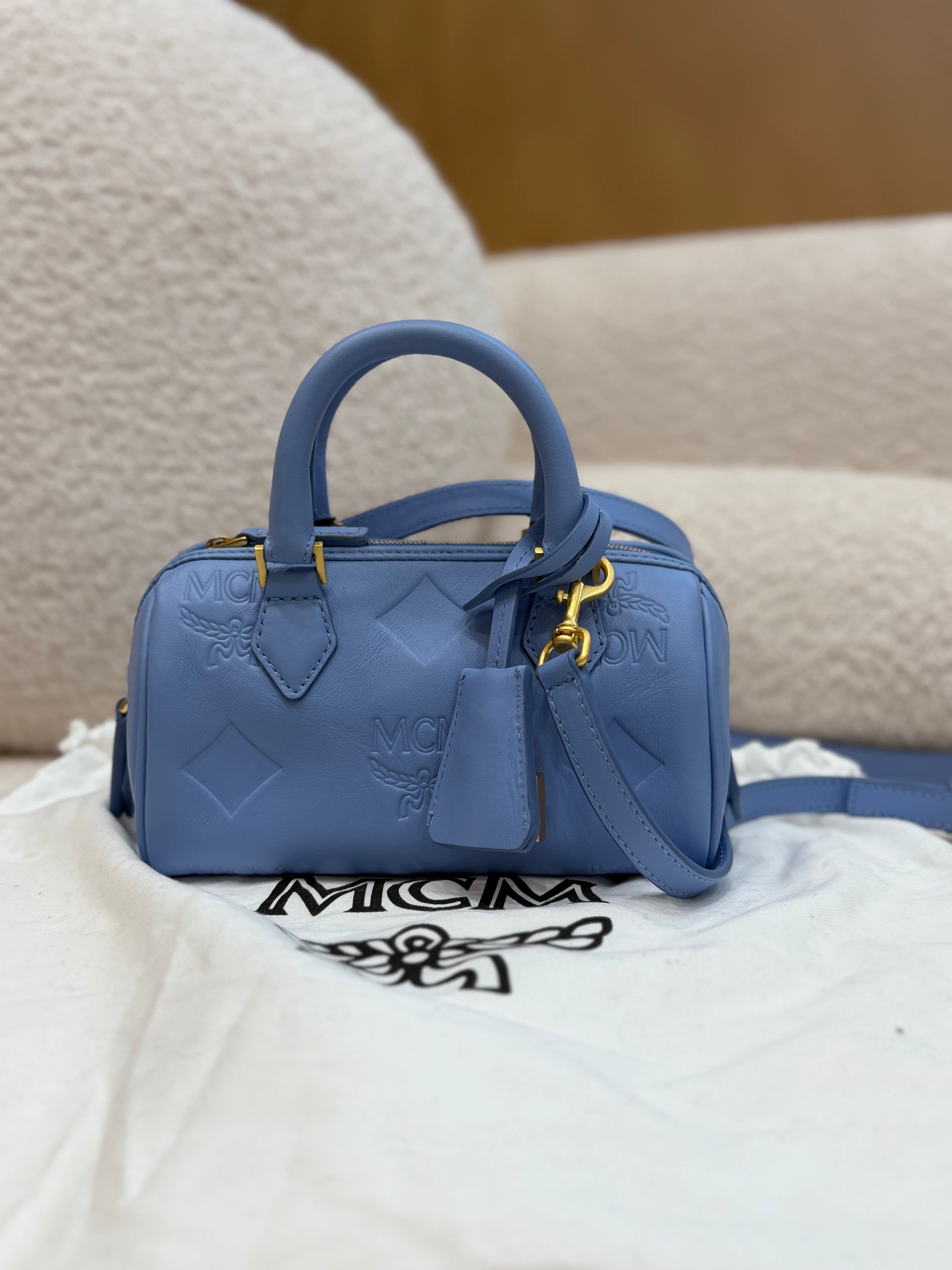 BRAND NEW- MCM Sky Blue Leather Small Ella Boston Bag