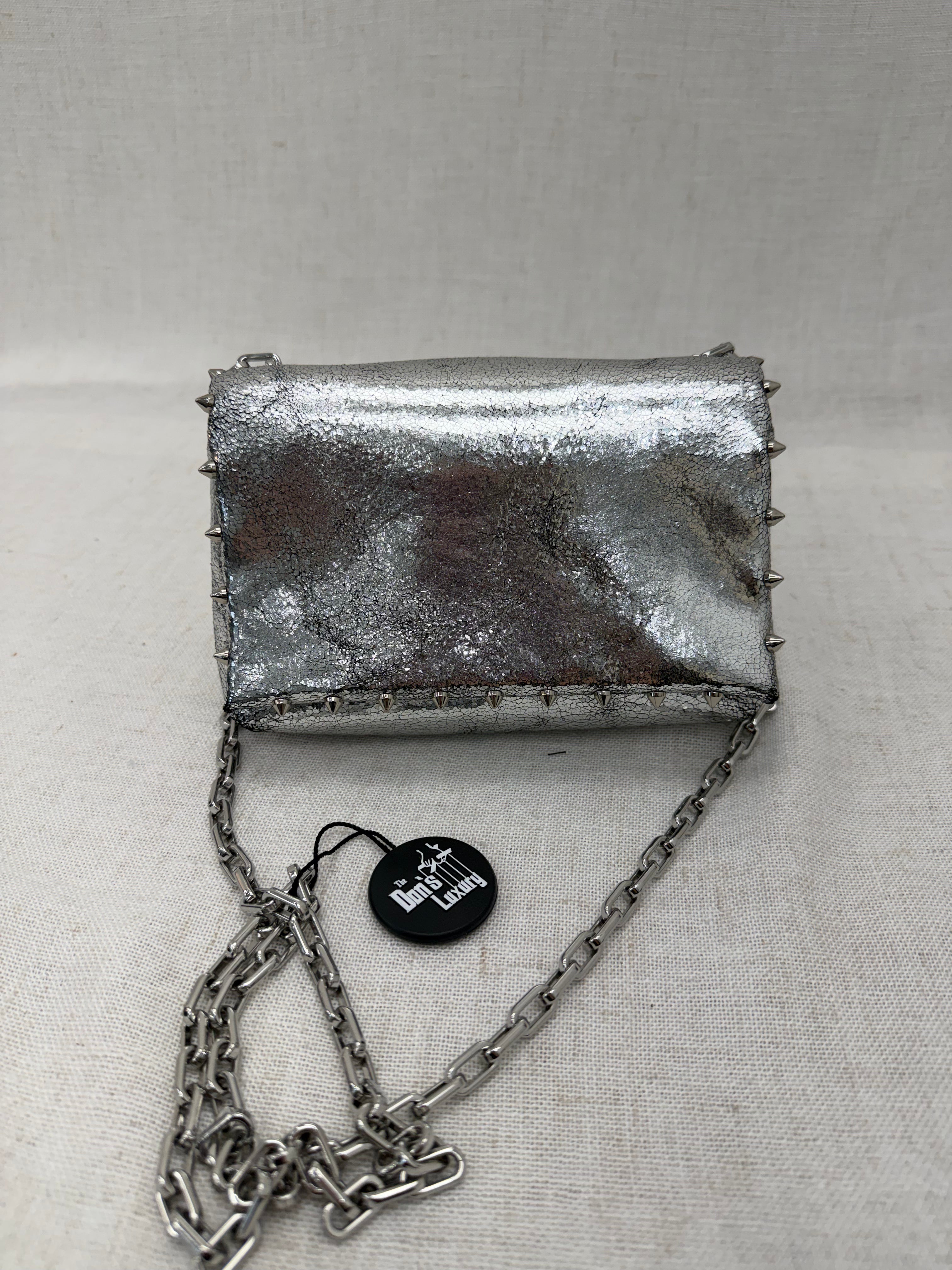 Christian Louboutin Silver Cracked Leather Mini Spiked Shoulder Bag